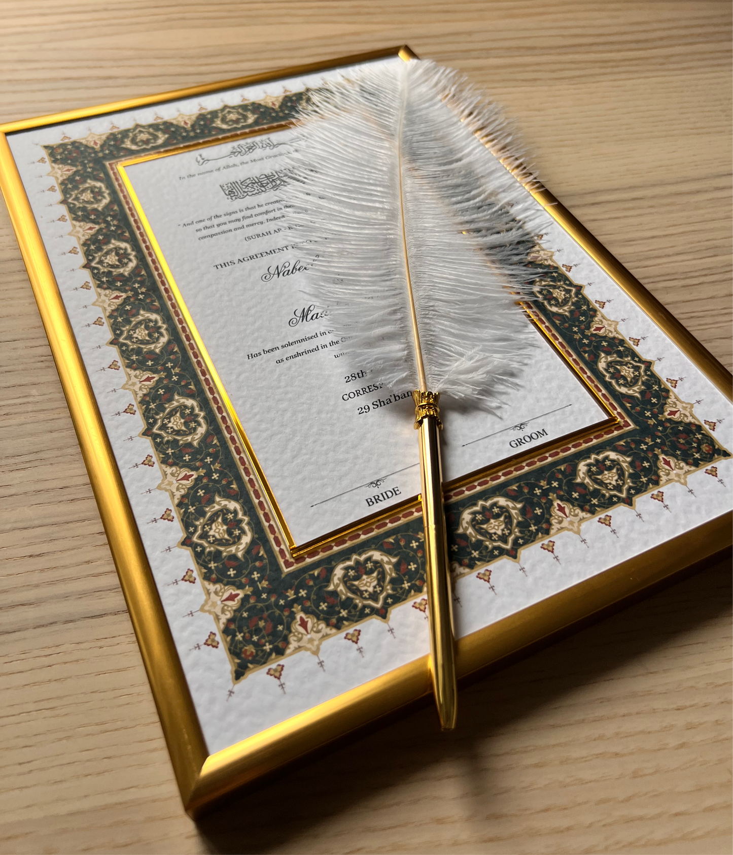 A4/A3 gold acrylic detailed nikkah certificate - feather pen - frame - wedding certificate