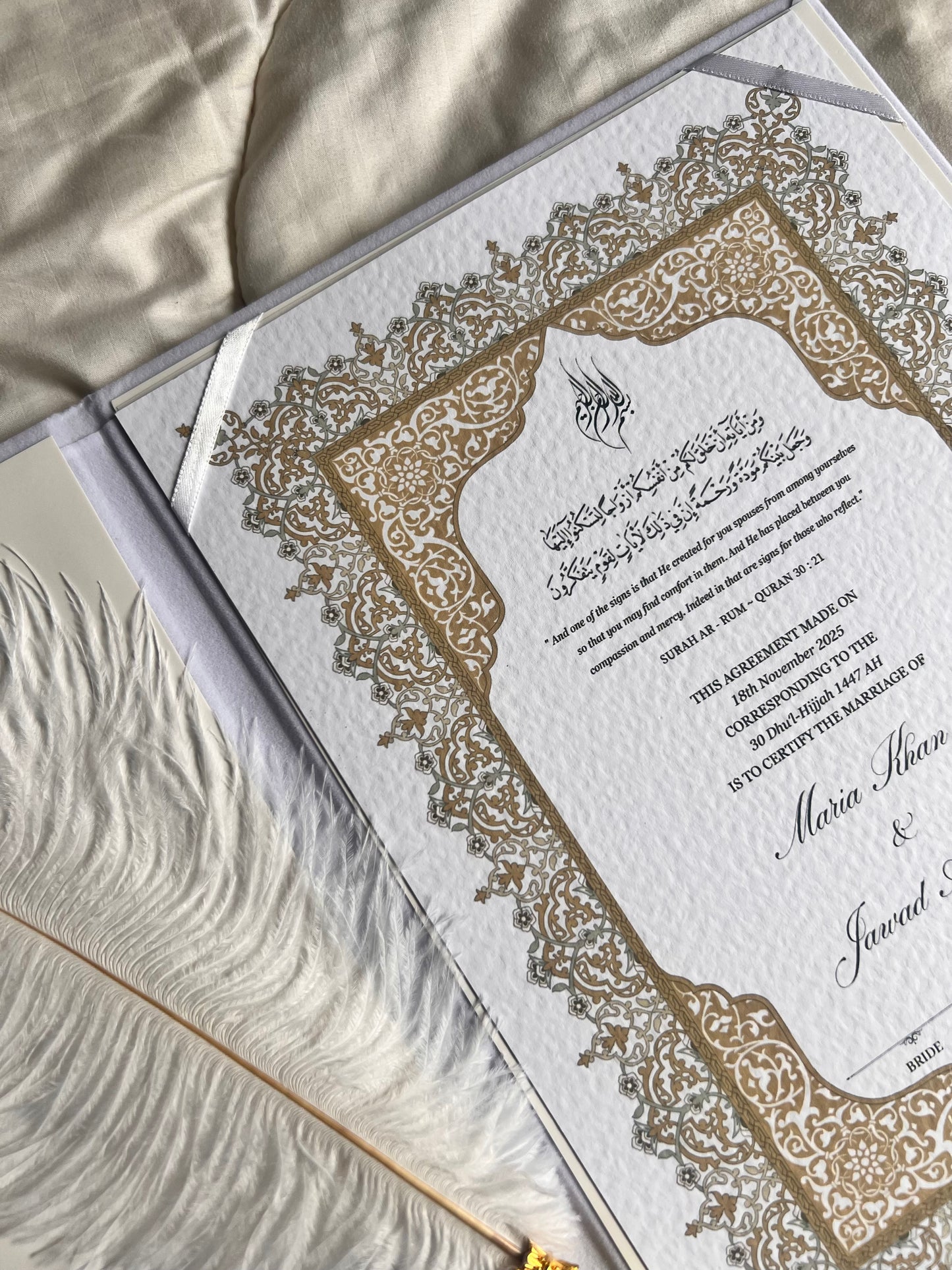 A4/A3 nikkah certificate - feather pen - folder - wedding certificate