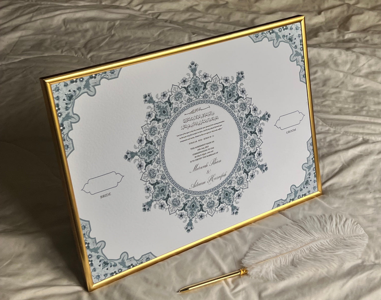 A3 nikkah certificate - feather pen - folder - wedding certificate - circle design