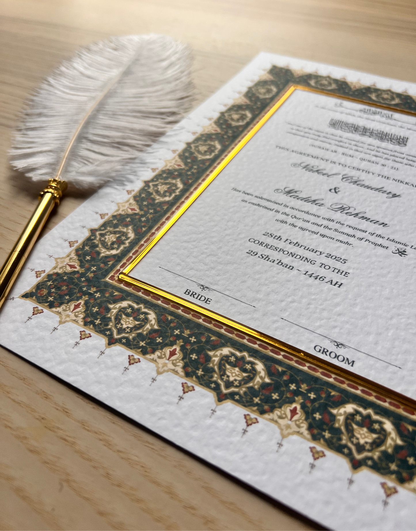 A4/A3 gold acrylic detailed nikkah certificate - feather pen - frame - wedding certificate