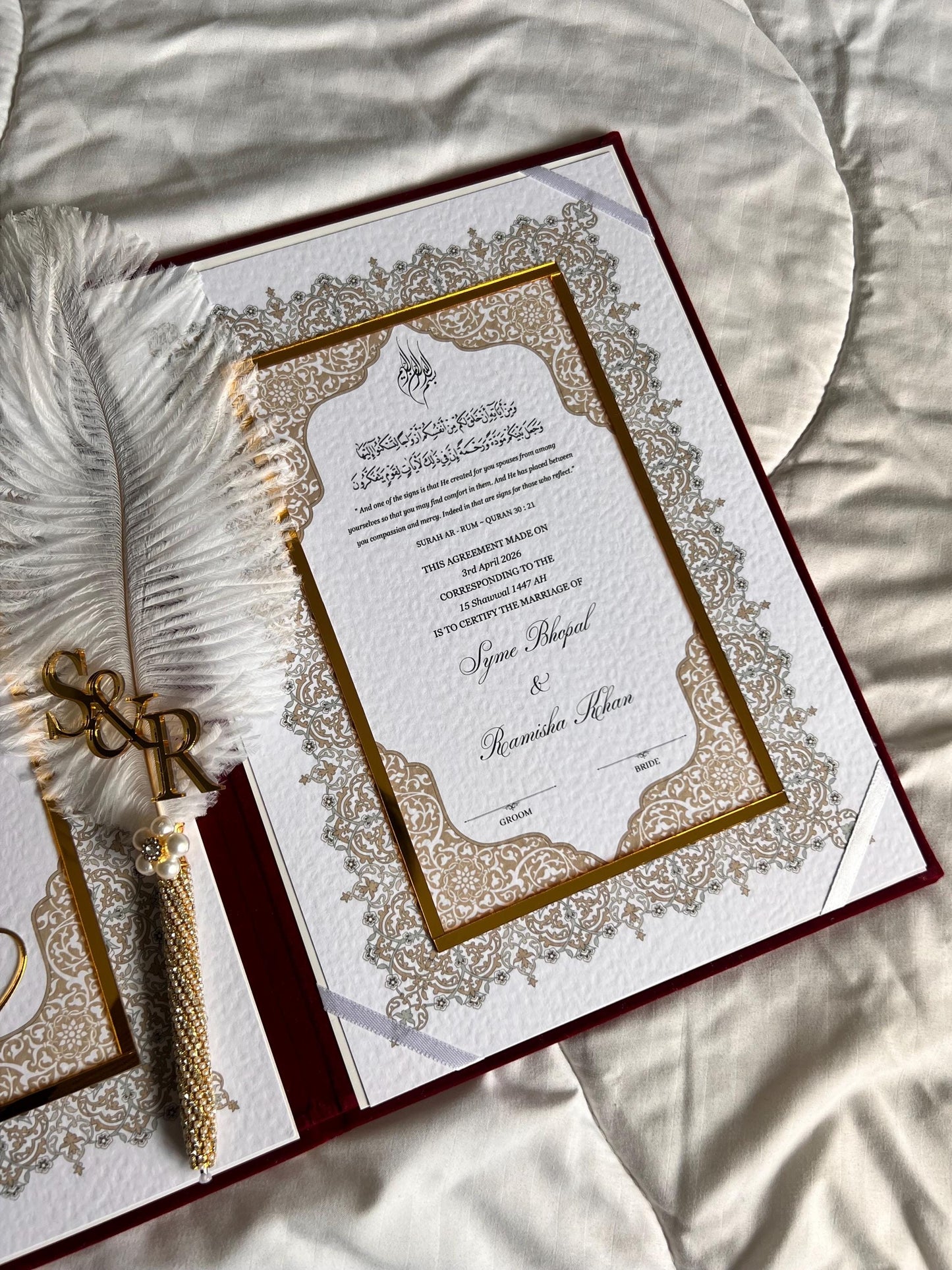 A4 maroon velvet Nikkah booklet - wedding folder - personalised nikkah nama booklet with rhinestones - certificate holder - feather pen