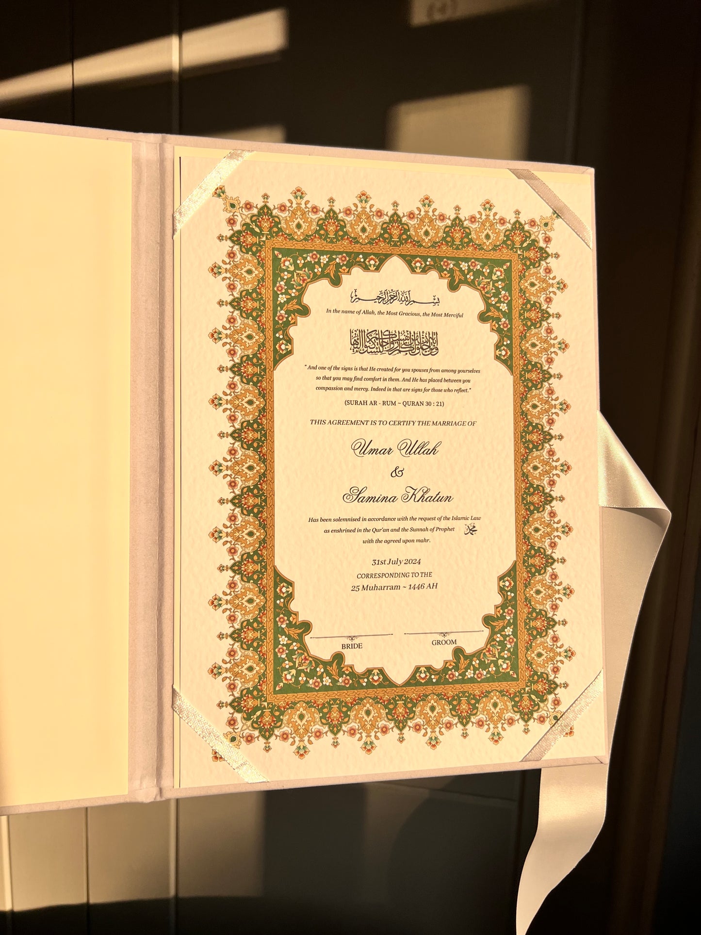 A4/A3 nikkah certificate - feather pen - velvet folder - wedding certificate