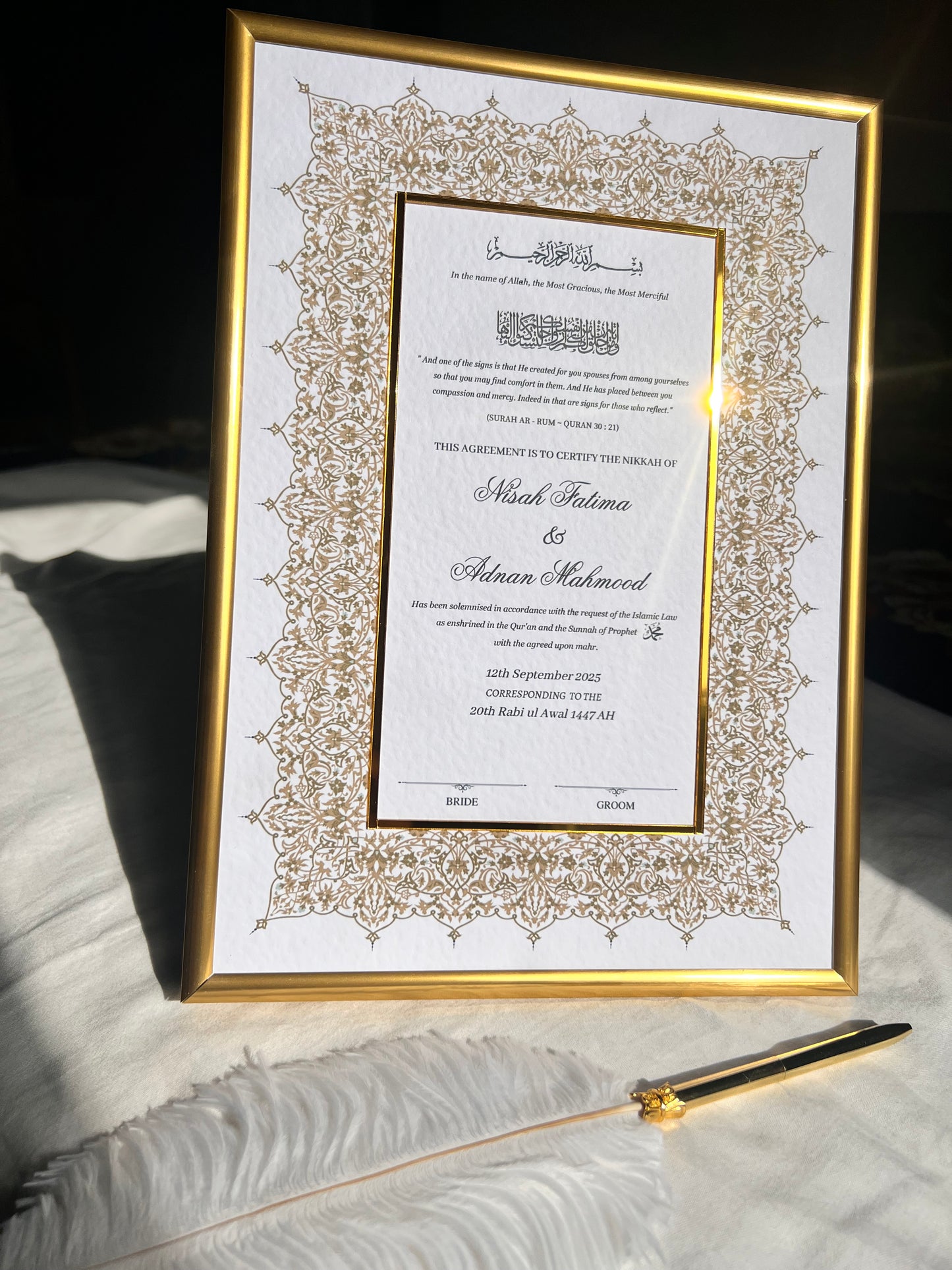 A4/A3 gold acrylic detailed nikkah certificate - feather pen - frame - wedding certificate