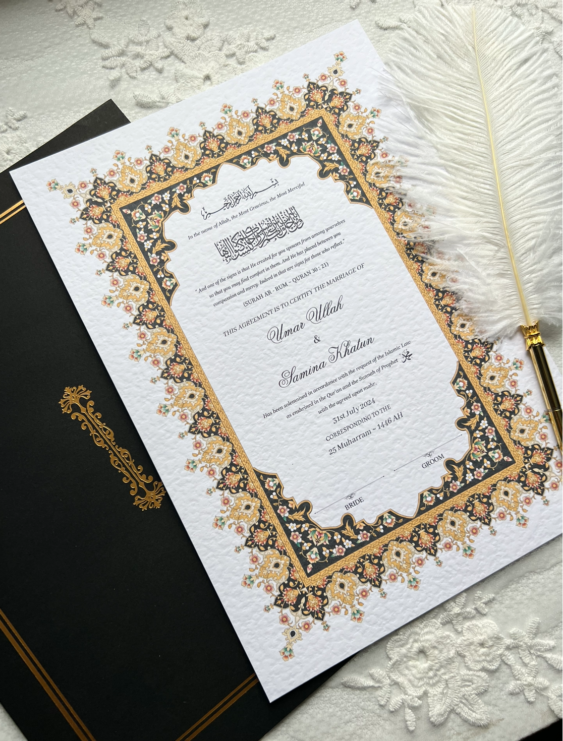 A4/A3 nikkah certificate - feather pen - velvet folder - wedding certificate