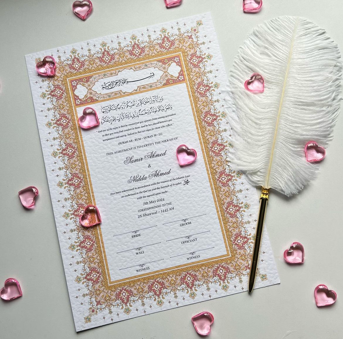 A4/A3 nikkah certificate - feather pen - folder - wedding certificate