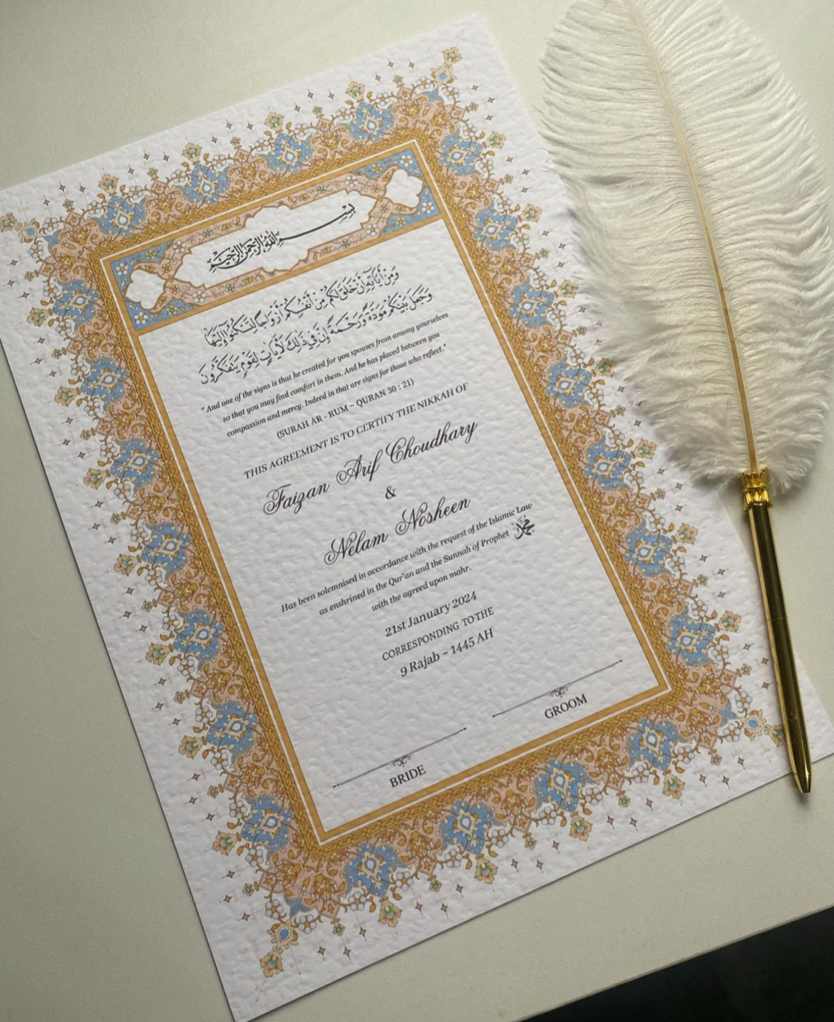 A4/A3 nikkah certificate - feather pen - folder - wedding certificate