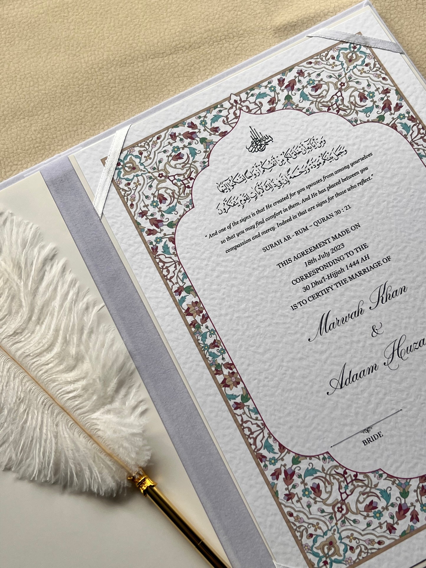 A4 nikkah certificate - feather pen - folder - wedding certificate