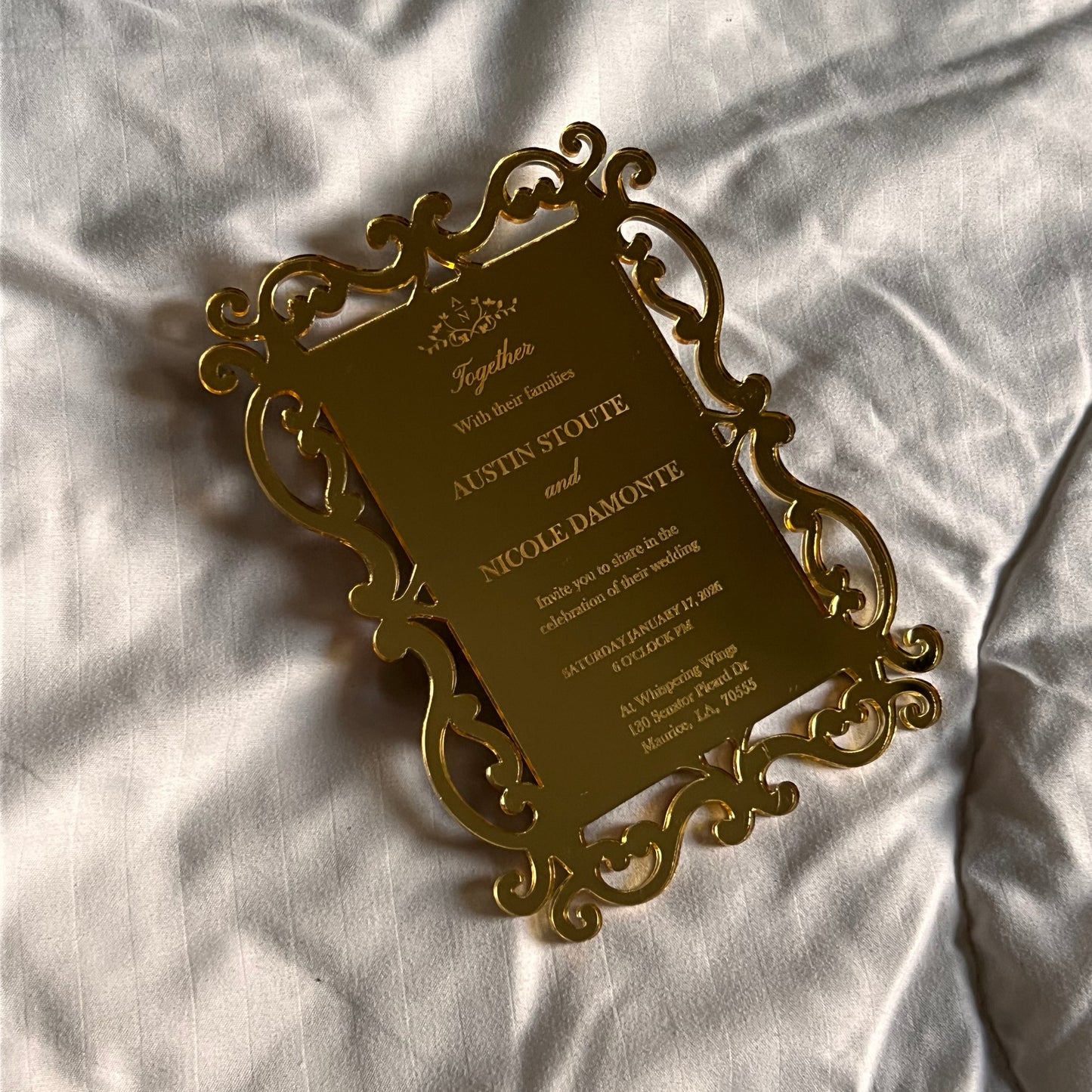 Luxury acrylic invitation - plexiglass - engraved acrylic - gold mirror - monogram frame - wedding, birthday, anniversary, nikkah, etc