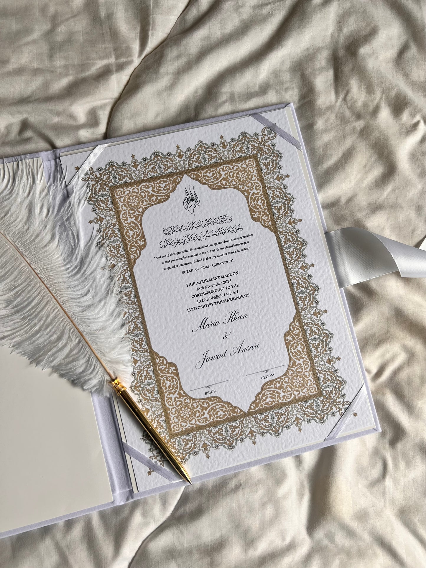 A4/A3 nikkah certificate - feather pen - folder - wedding certificate