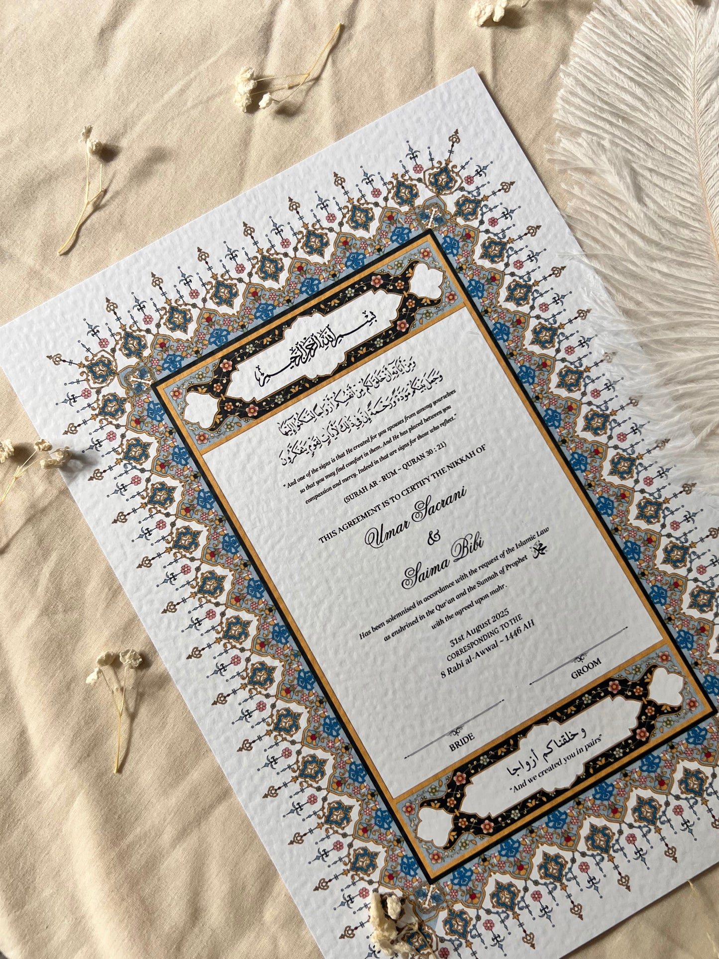 A4/A3 nikkah certificate - feather pen - folder - wedding certificate