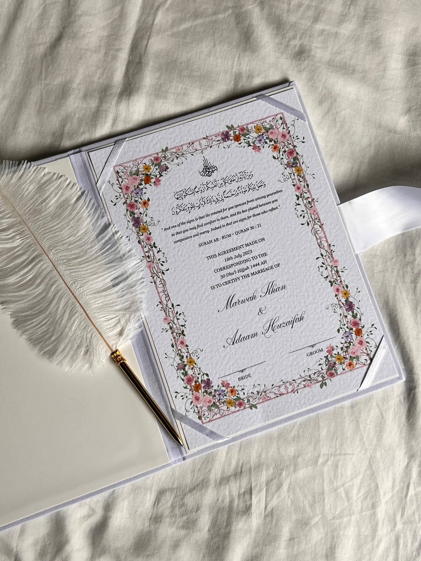 A4/A3 Nikkah Certificate ~ Certificate wedding folder ~ feather pen ~ nikkah booklet