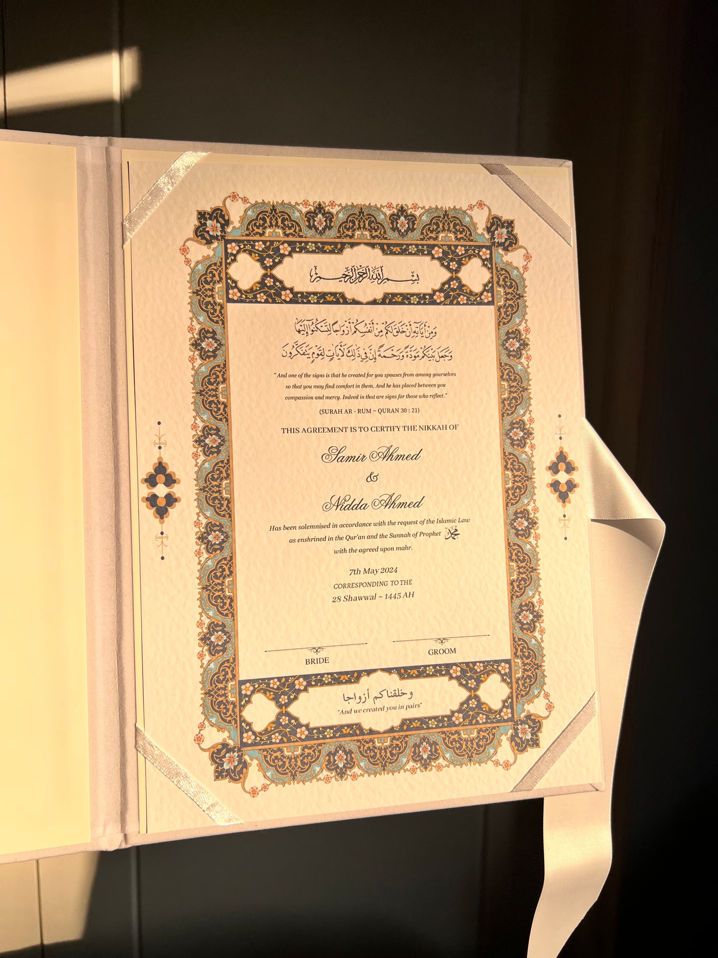 A4/A3 nikkah certificate - feather pen - folder - wedding certificate