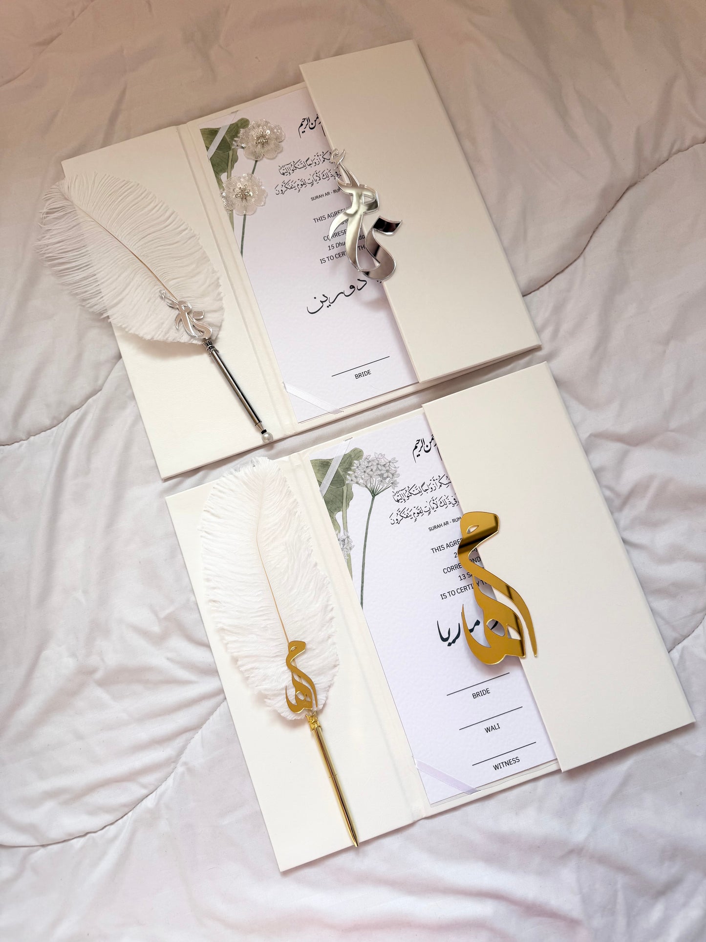 A4 Nikkah Certificate ~ Feather Pen ~ Certificate folder ~ White Hammered Card ~ nikkah booklet