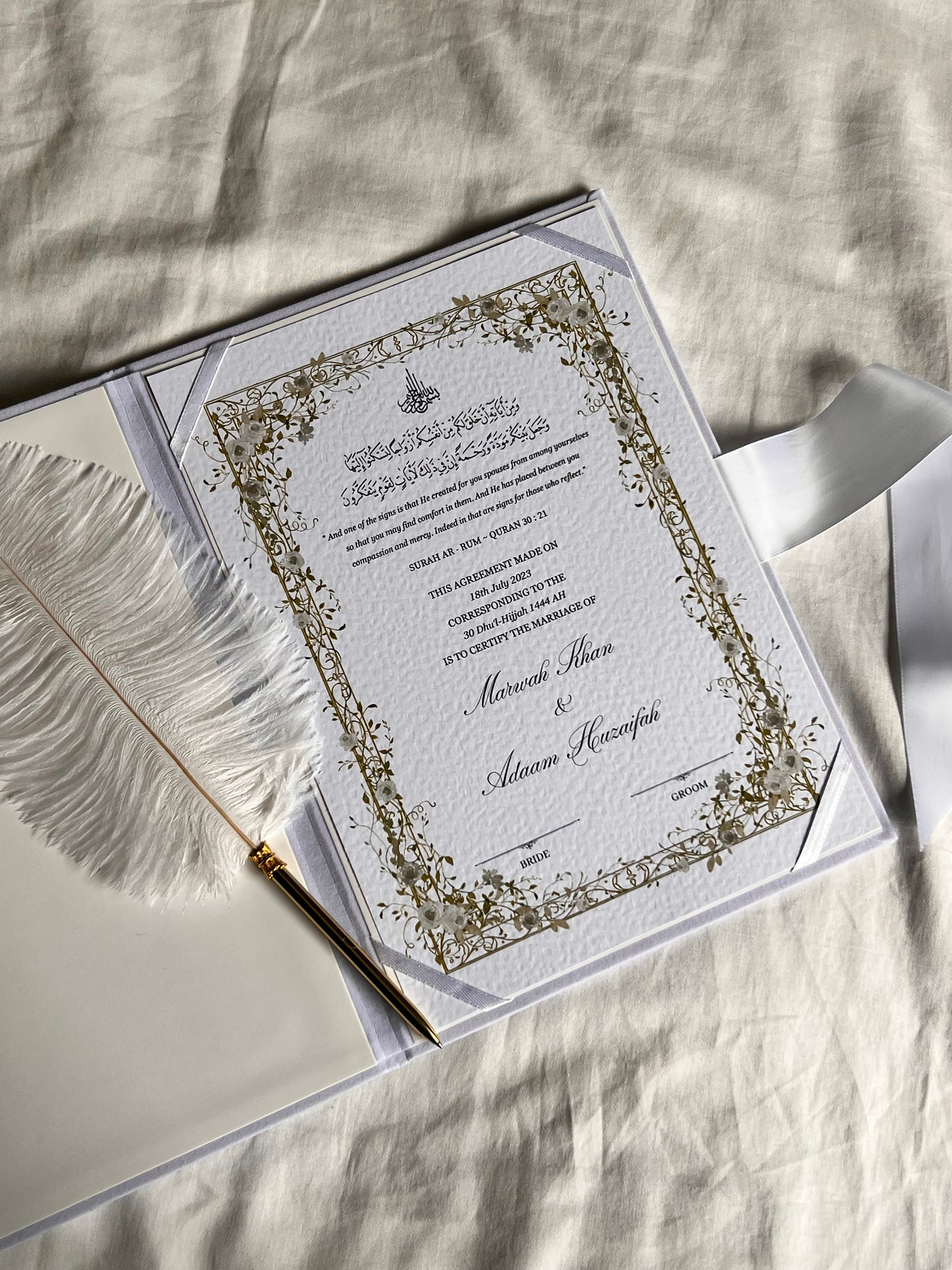 A4/A3 Nikkah Certificate ~ Certificate wedding folder ~ feather pen ~ nikkah booklet