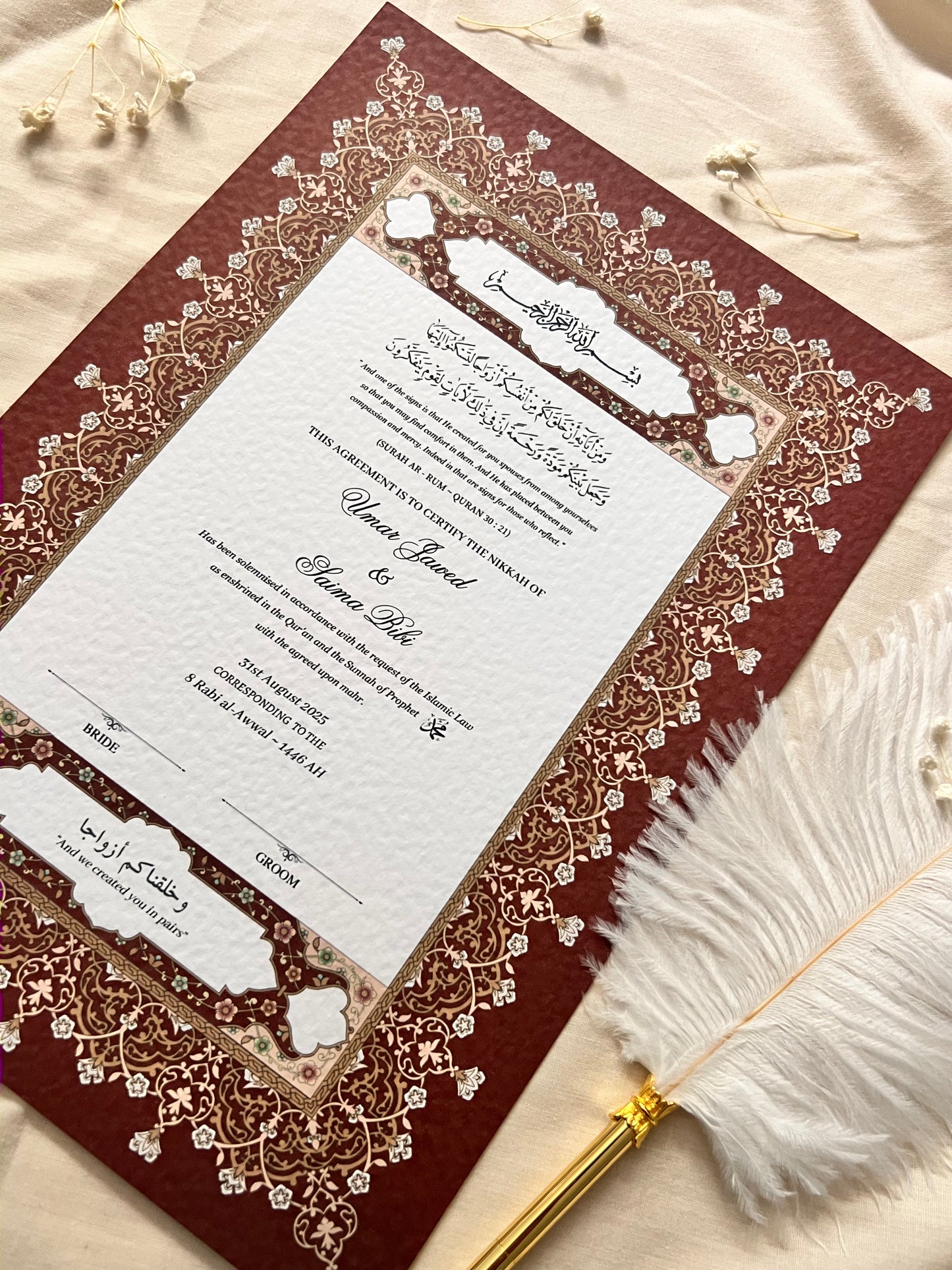 A4/A3 nikkah certificate - feather pen - folder - wedding certificate
