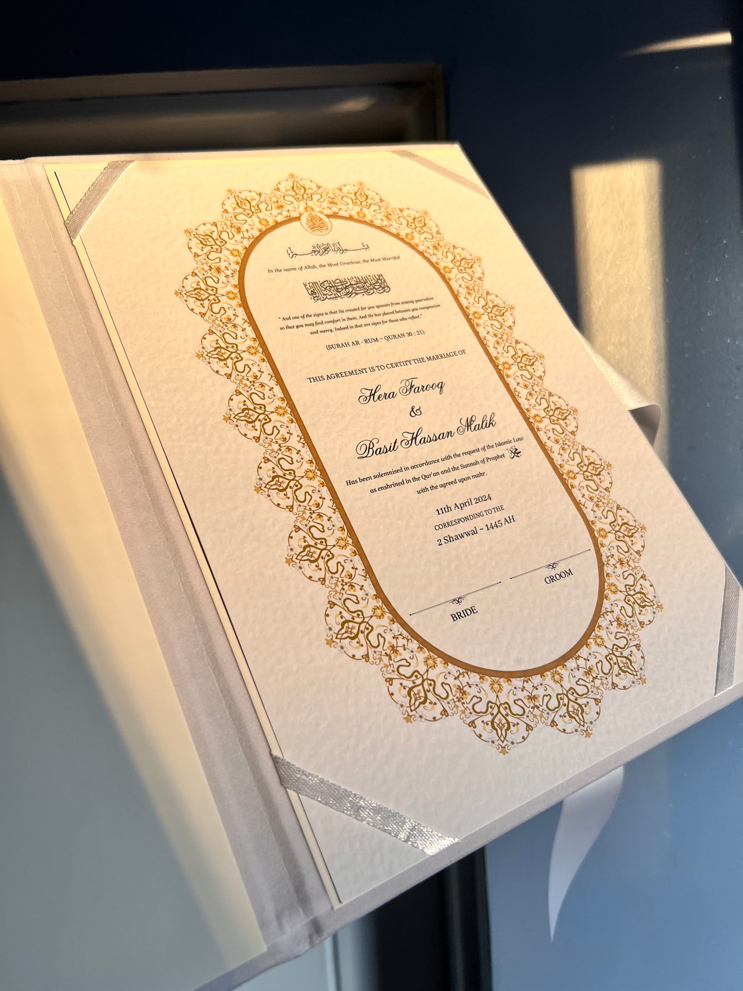 A4/A3 Oval nikkah certificate - feather pen - folder - wedding certificate