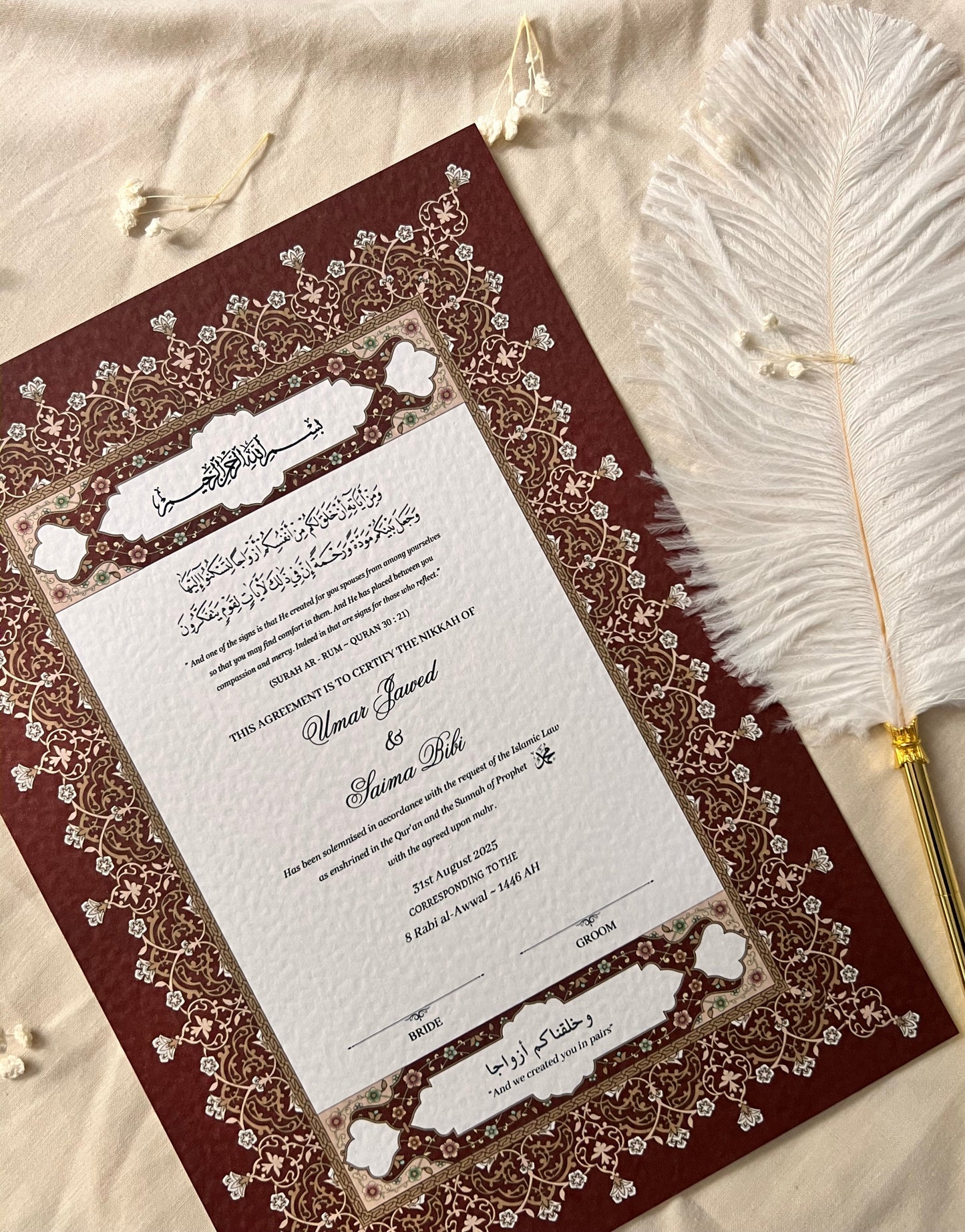 A4/A3 nikkah certificate - feather pen - folder - wedding certificate