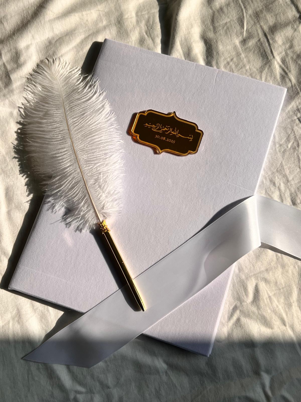 A4 Nikkah Certificate ~ Feather Pen ~ Certificate folder ~ White Hammered Card ~ nikkah booklet - arabic alphabet