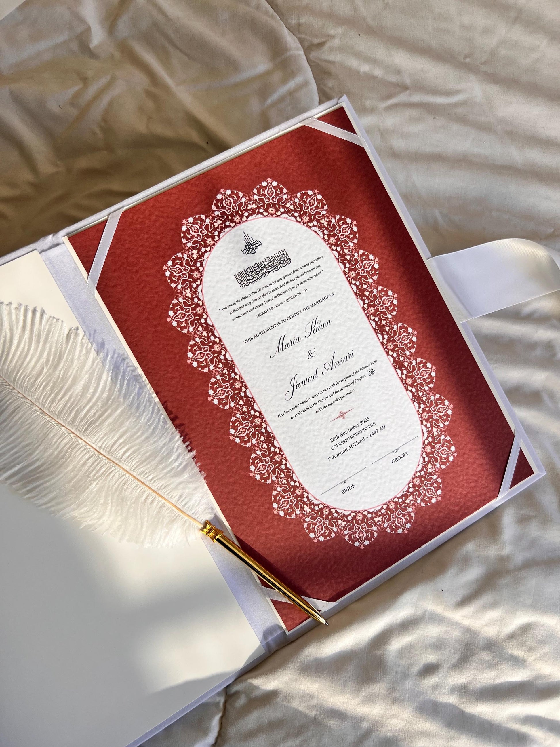 A4 Nikkah Certificate ~ Feather Pen ~ Certificate folder ~ White Hammered Card ~ nikkah booklet