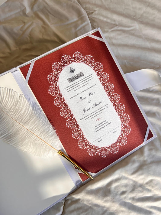 A4 Nikkah Certificate ~ Feather Pen ~ Certificate folder ~ White Hammered Card ~ nikkah booklet