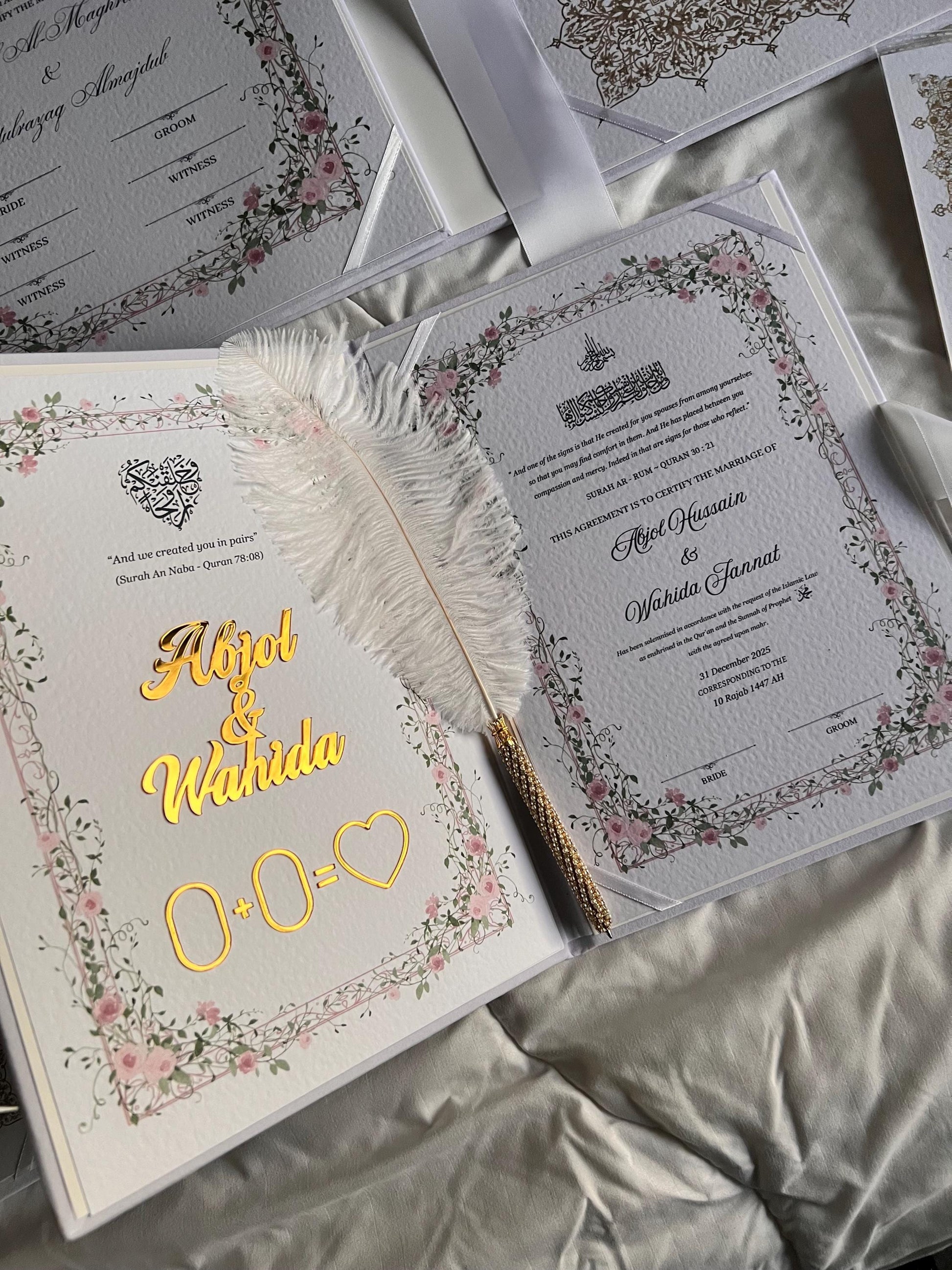 A4 velvet Nikkah booklet - wedding folder - personalised nikkah nama booklet - certificate holder - feather pen