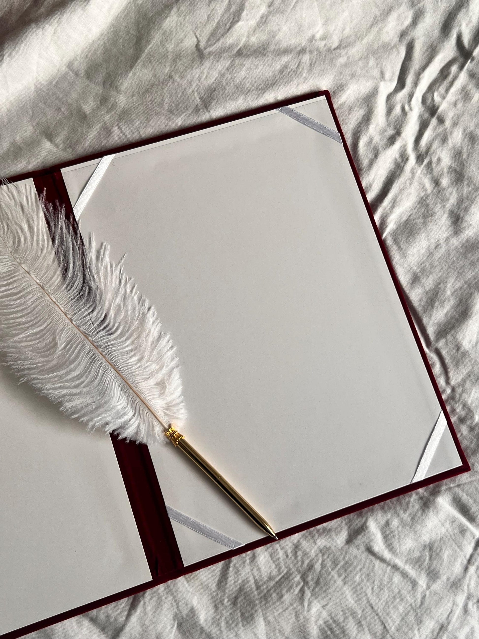 A4 velvet padded folder - wedding folder - certificate holder - feather pen
