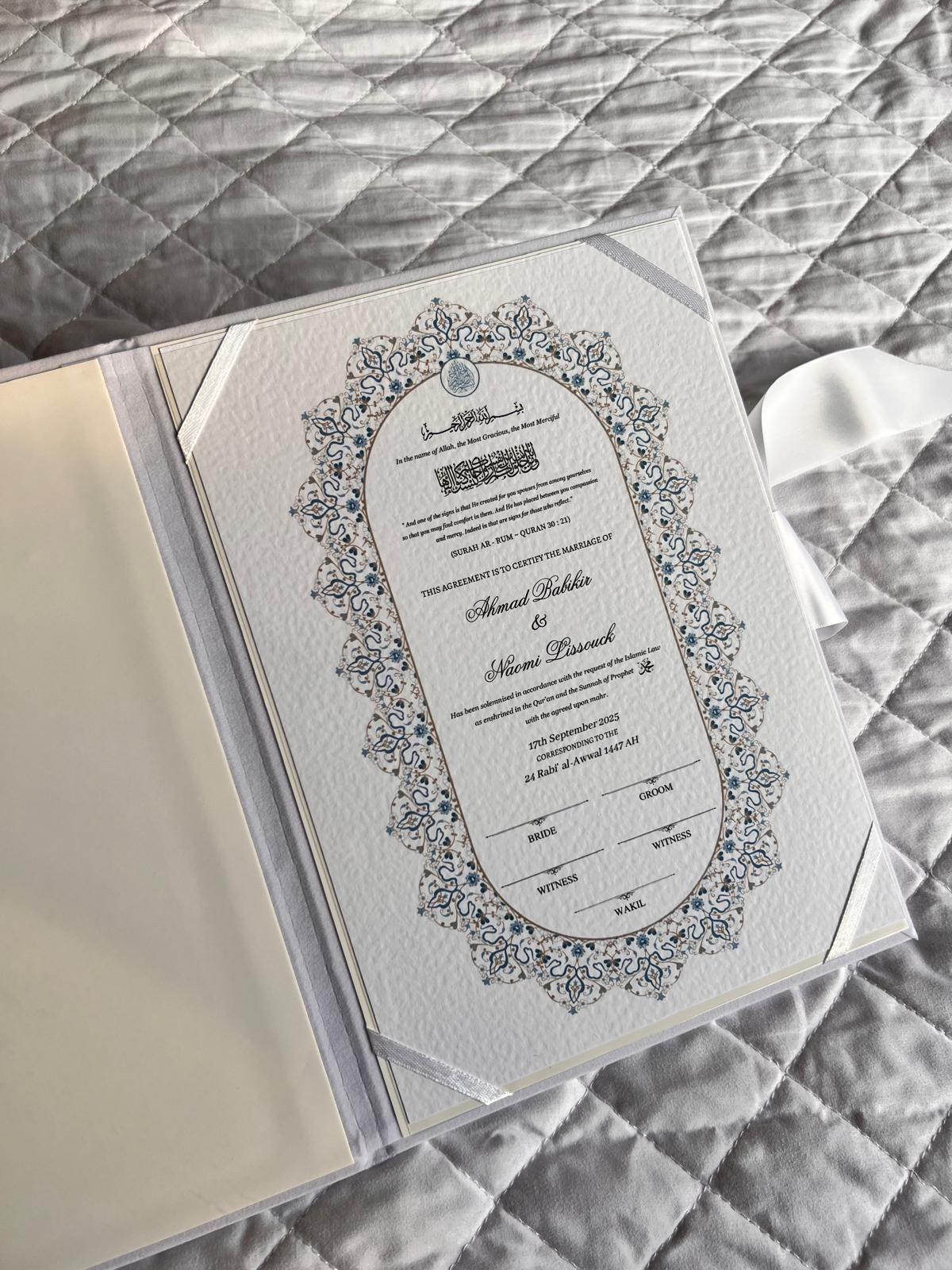 A4 Nikkah Certificate ~ Feather Pen ~ Certificate folder ~ White Hammered Card ~ nikkah booklet