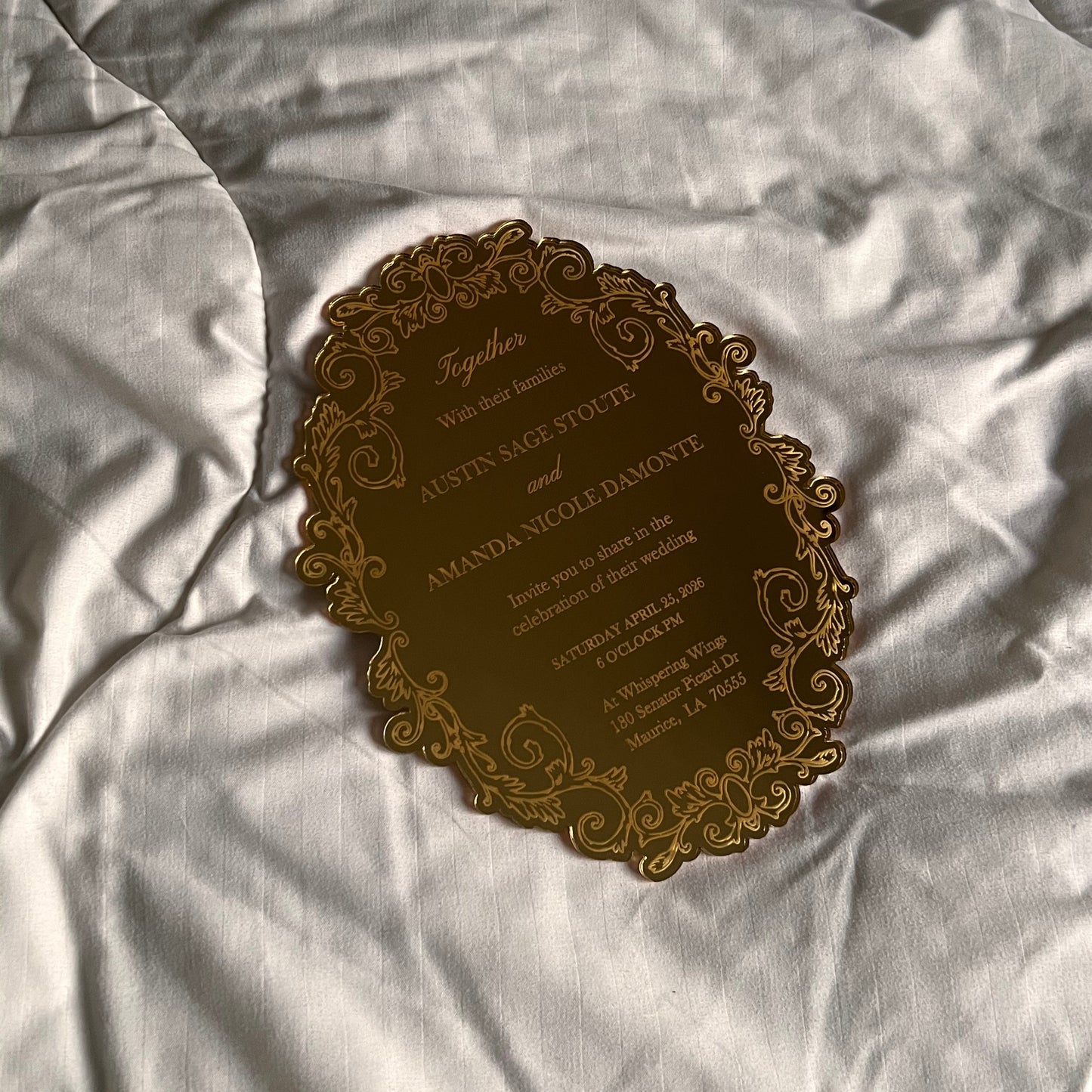 Luxury acrylic invitation - plexiglass - engraved acrylic - gold mirror - monogram frame - wedding, birthday, anniversary, nikkah, etc