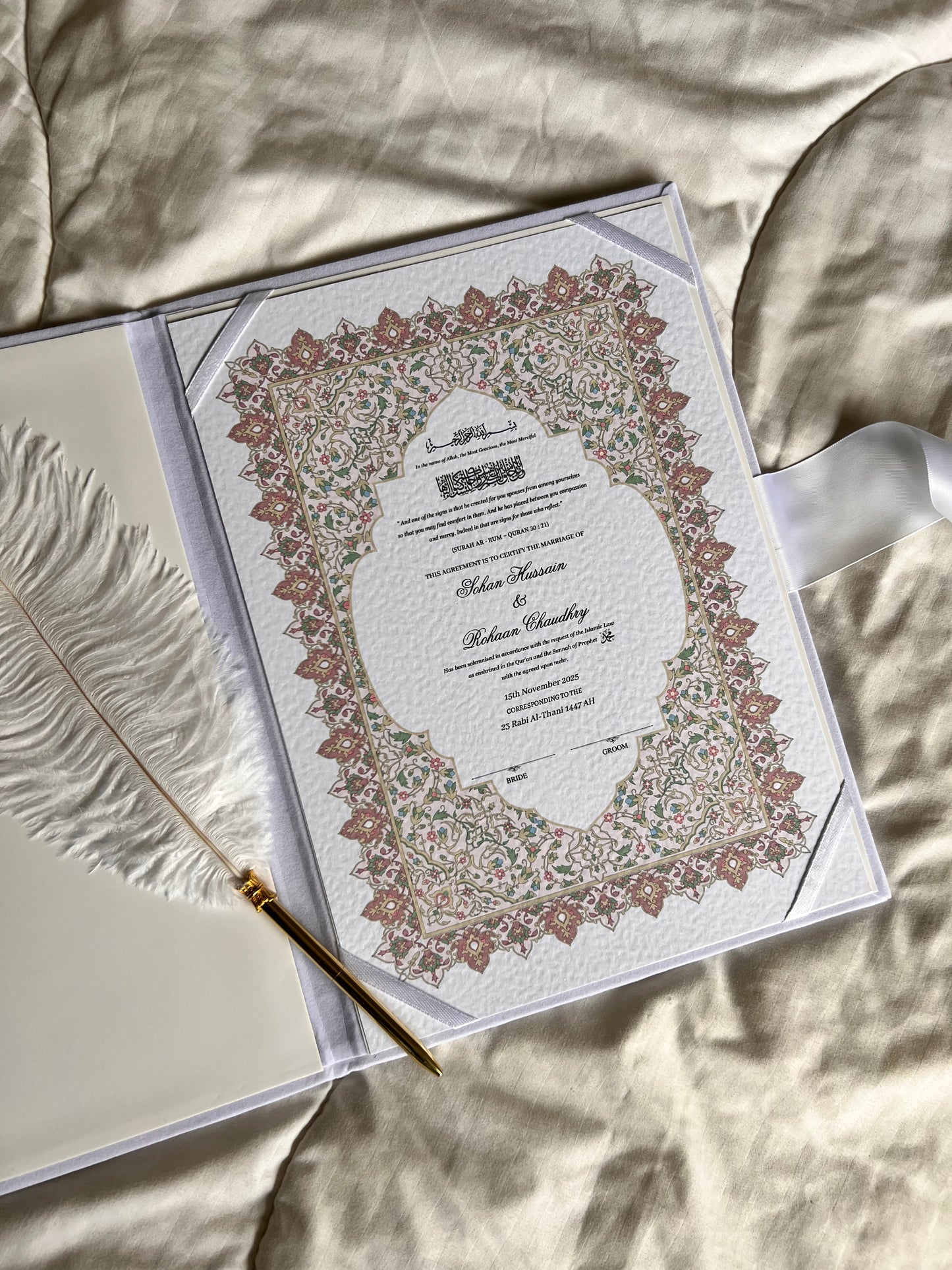 A4/A3 nikkah certificate - feather pen - folder - wedding certificate