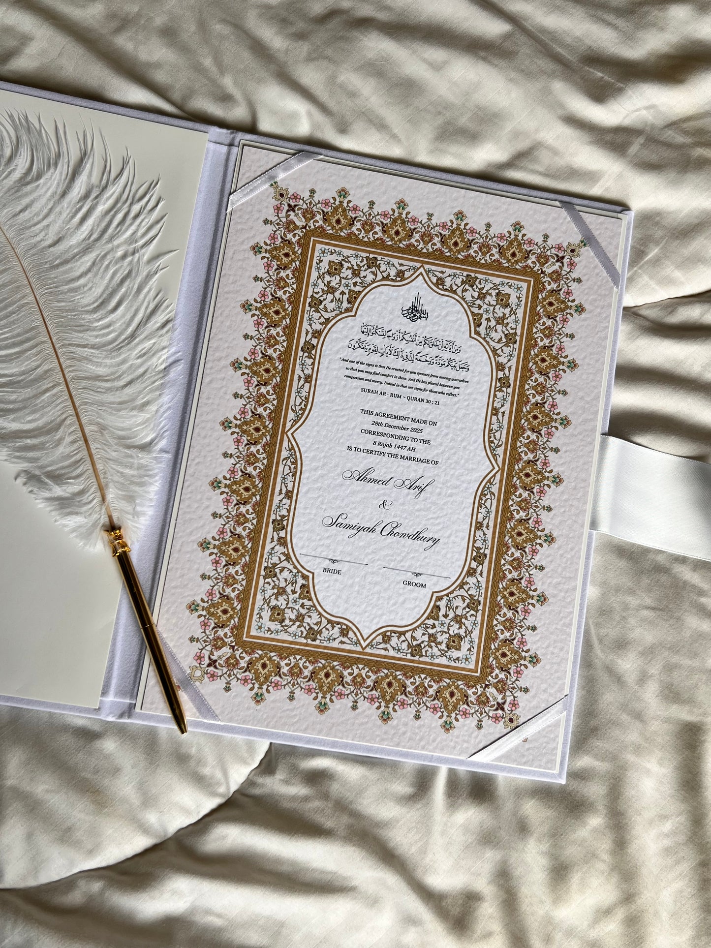 A4/A3 nikkah certificate - feather pen - folder - wedding certificate