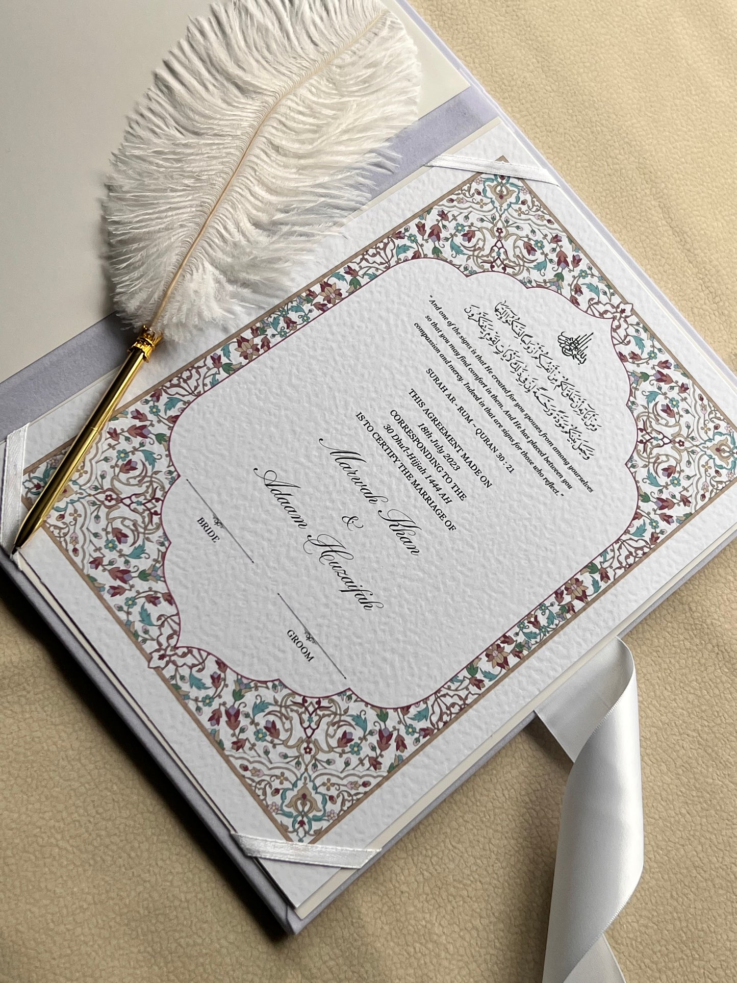 A4 nikkah certificate - feather pen - folder - wedding certificate
