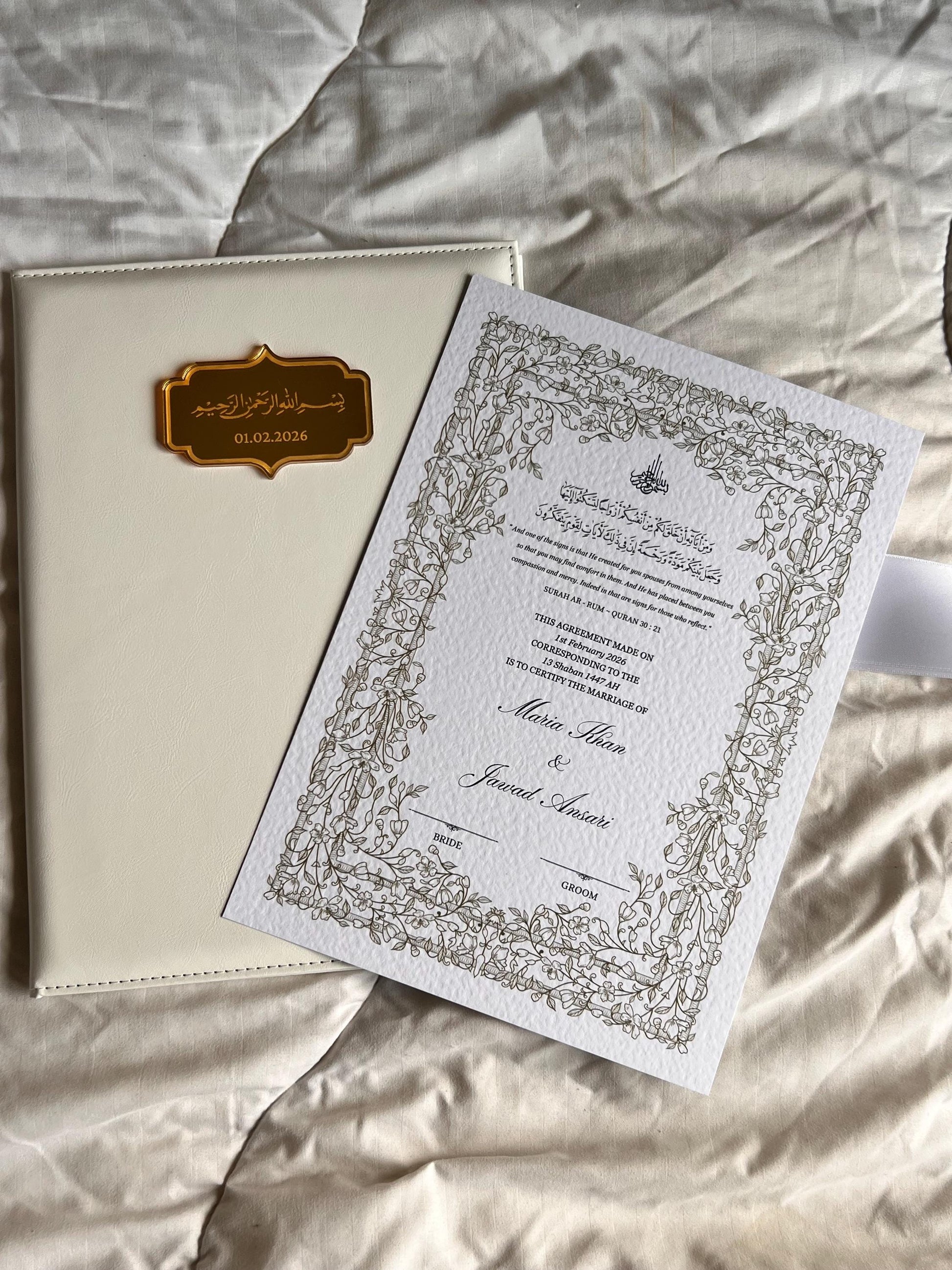 A4 Nikkah Certificate ~ Feather Pen ~ Certificate folder ~ White Hammered Card ~ nikkah booklet