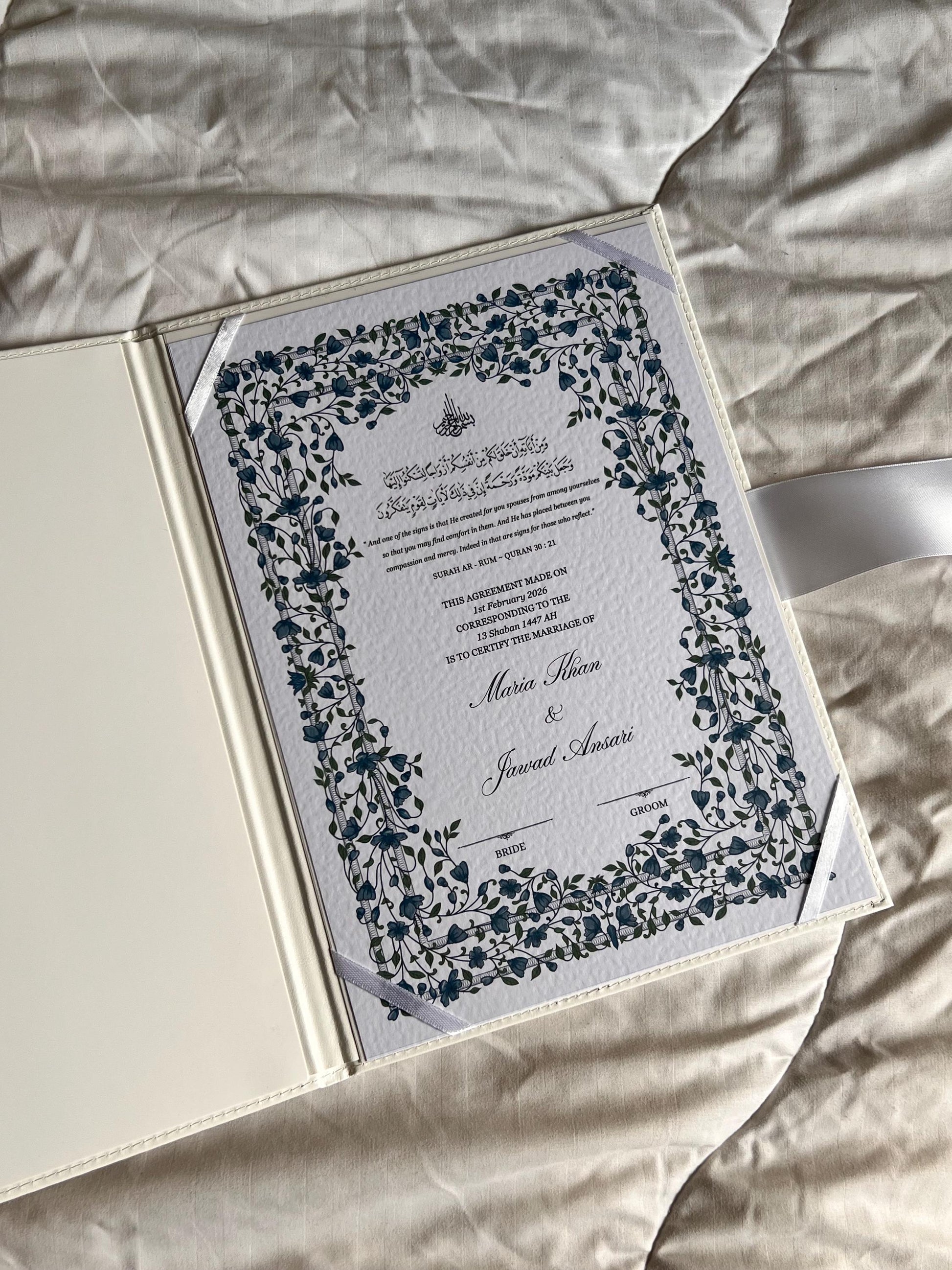 A4 Nikkah Certificate ~ Feather Pen ~ Certificate folder ~ White Hammered Card ~ nikkah booklet