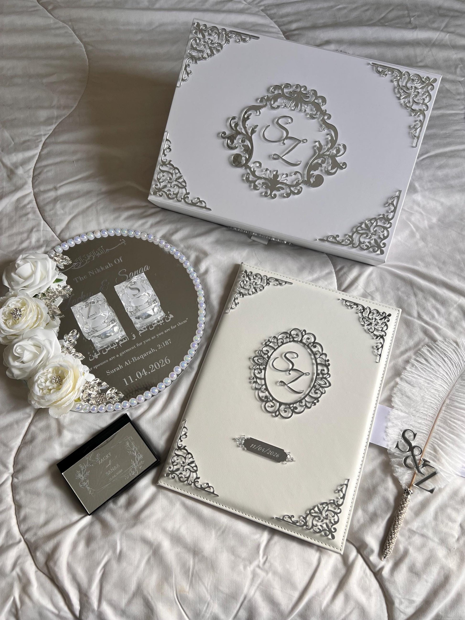 A4 Nikkah Certificate ~ Feather Pen ~ Certificate folder ~ silver nikkah booklet - nikkah box