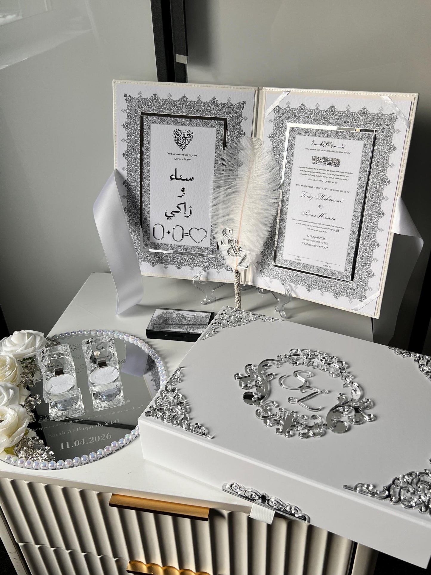 A4 Nikkah Certificate ~ Feather Pen ~ Certificate folder ~ silver nikkah booklet - nikkah box