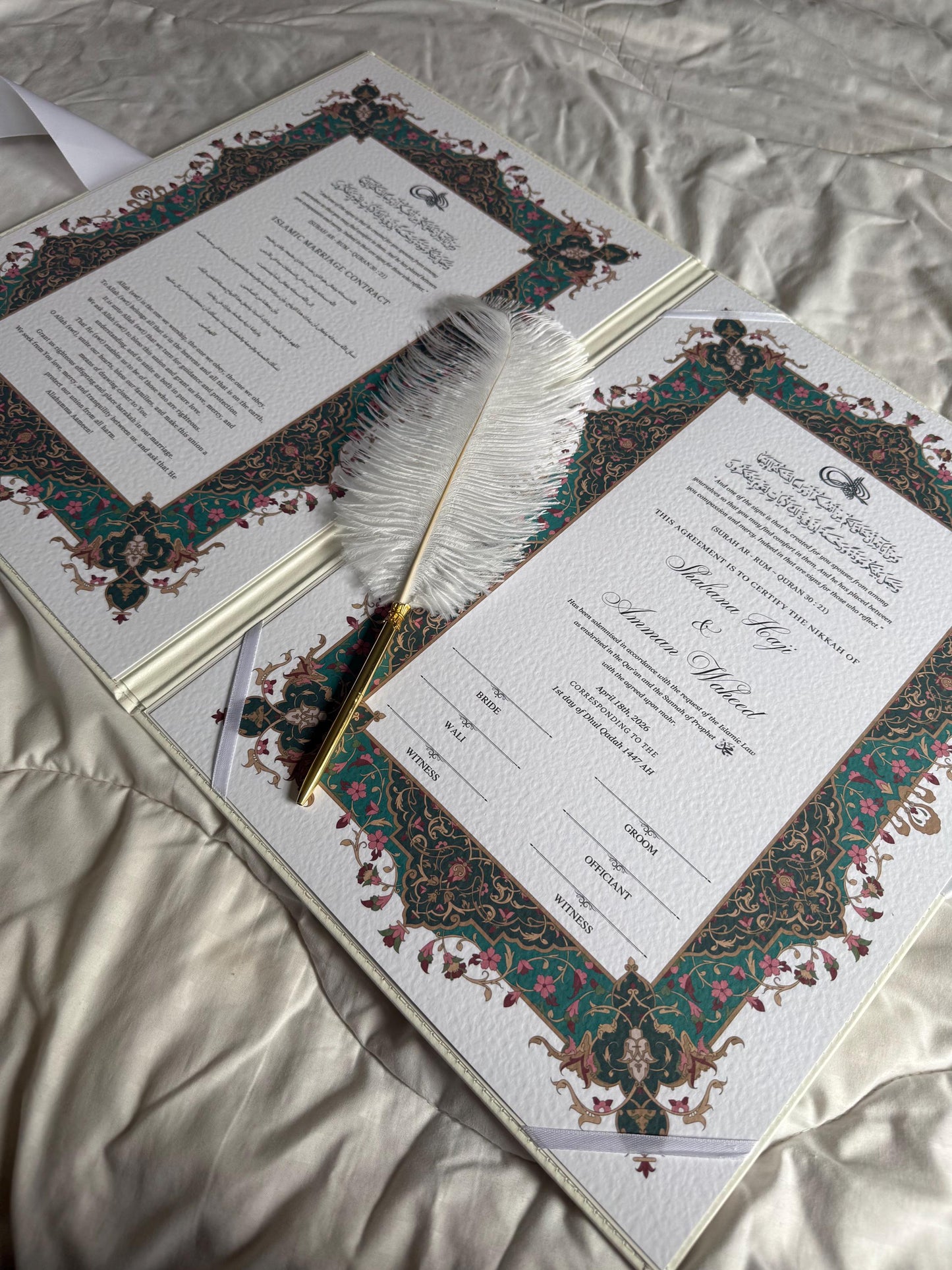 A3 PU leather Nikkah booklet - wedding folder - personalised nikkah nama booklet - certificate holder - feather pen