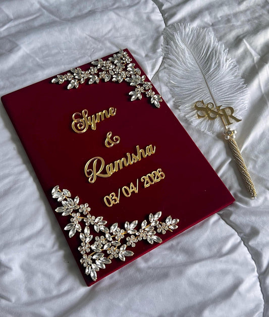 A4 maroon velvet Nikkah booklet - wedding folder - personalised nikkah nama booklet with rhinestones - certificate holder - feather pen