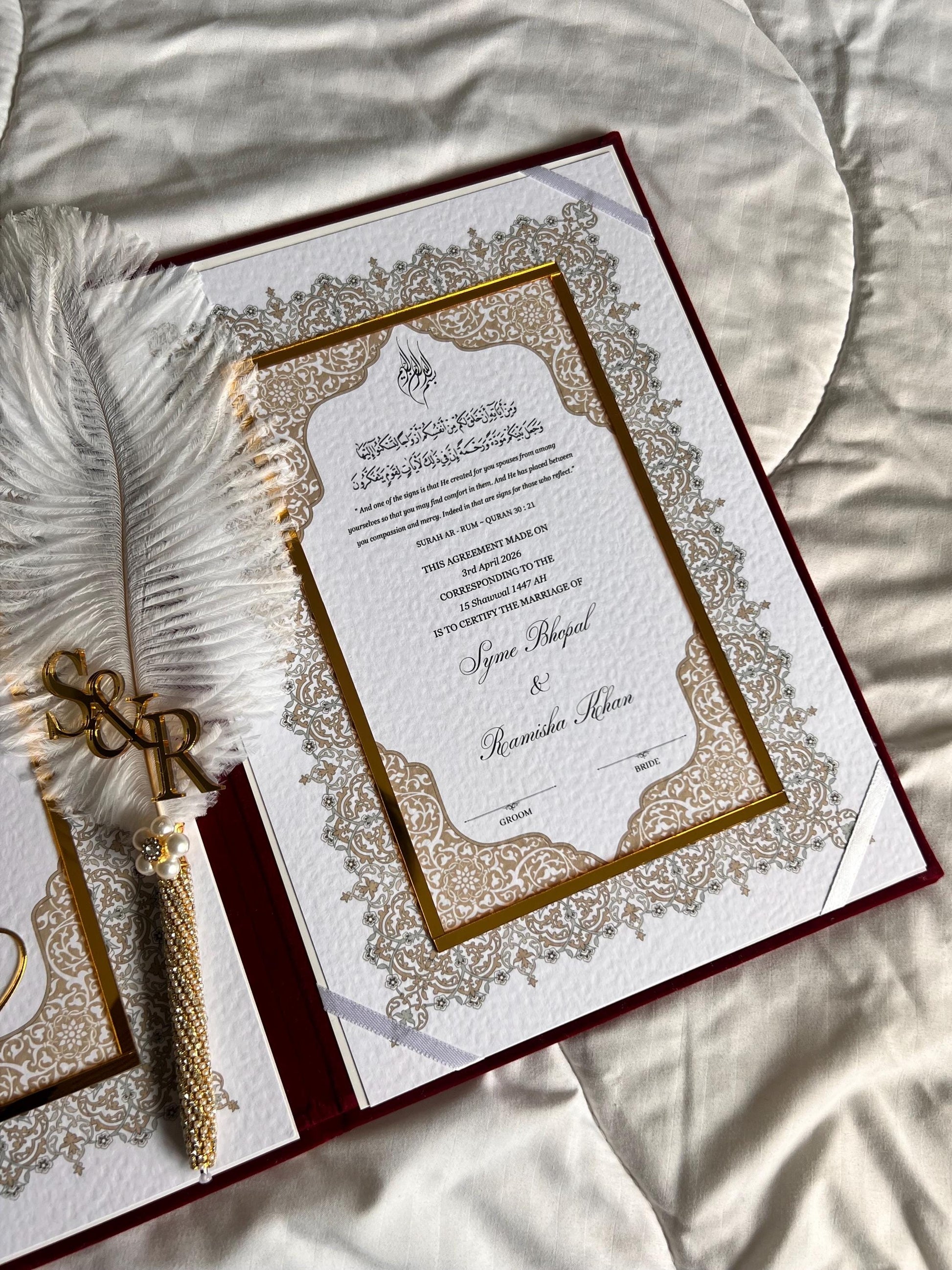 A4 maroon velvet Nikkah booklet - wedding folder - personalised nikkah nama booklet with rhinestones - certificate holder - feather pen