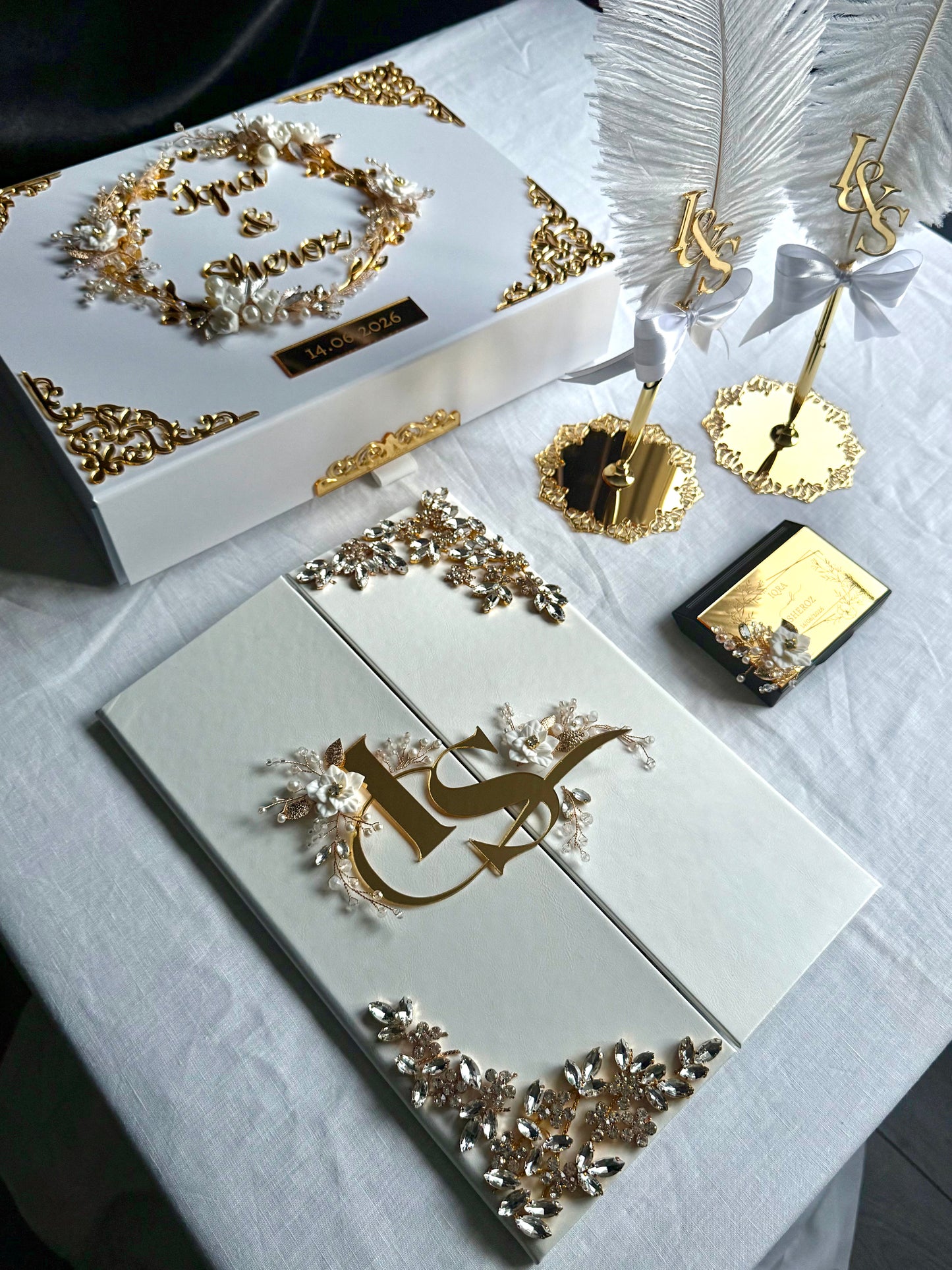 A4 Nikkah bundle - wedding folder - personalised nikkah nama booklet with rhinestones - certificate holder - feather pen