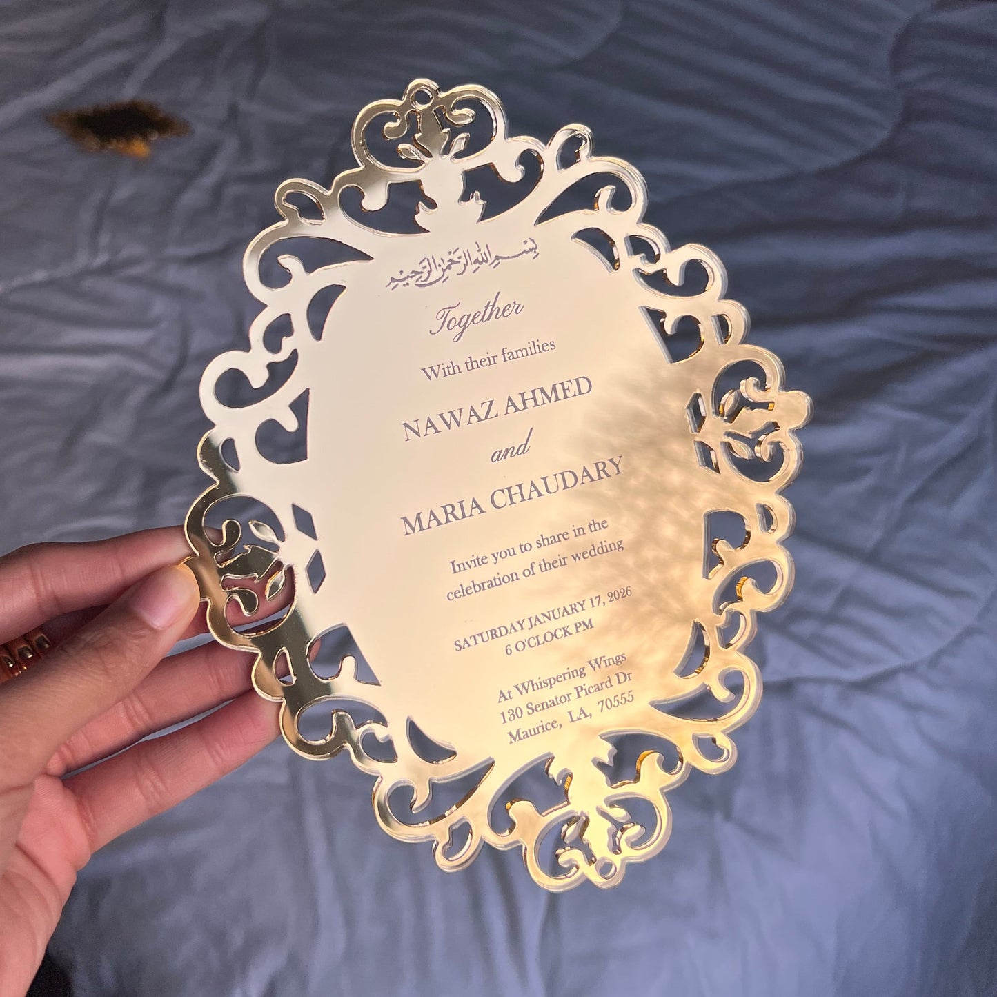 Luxury acrylic invitation - plexiglass - engraved acrylic - gold mirror - monogram frame - wedding, birthday, anniversary, nikkah, etc