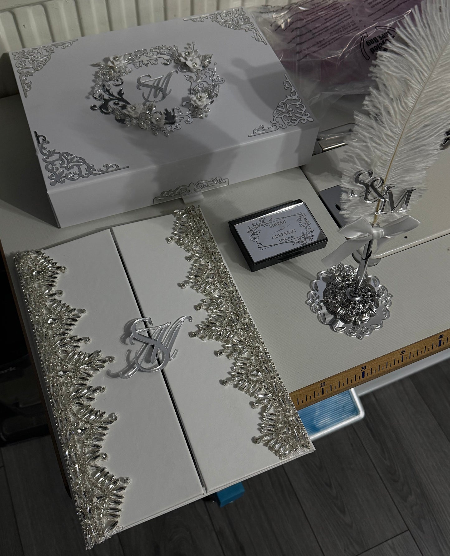 A4 Nikkah bundle box - wedding folder - thumb plaque - rhinestones - feather pen