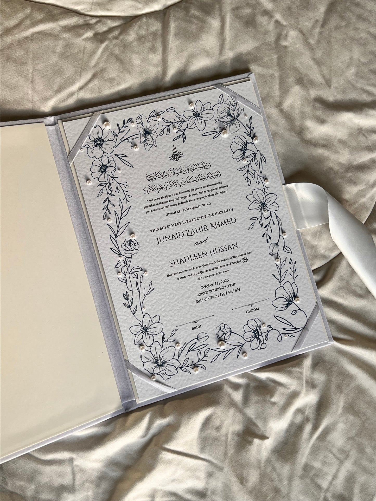 A4/A3 nikkah certificate - feather pen - folder - wedding certificate - pearls