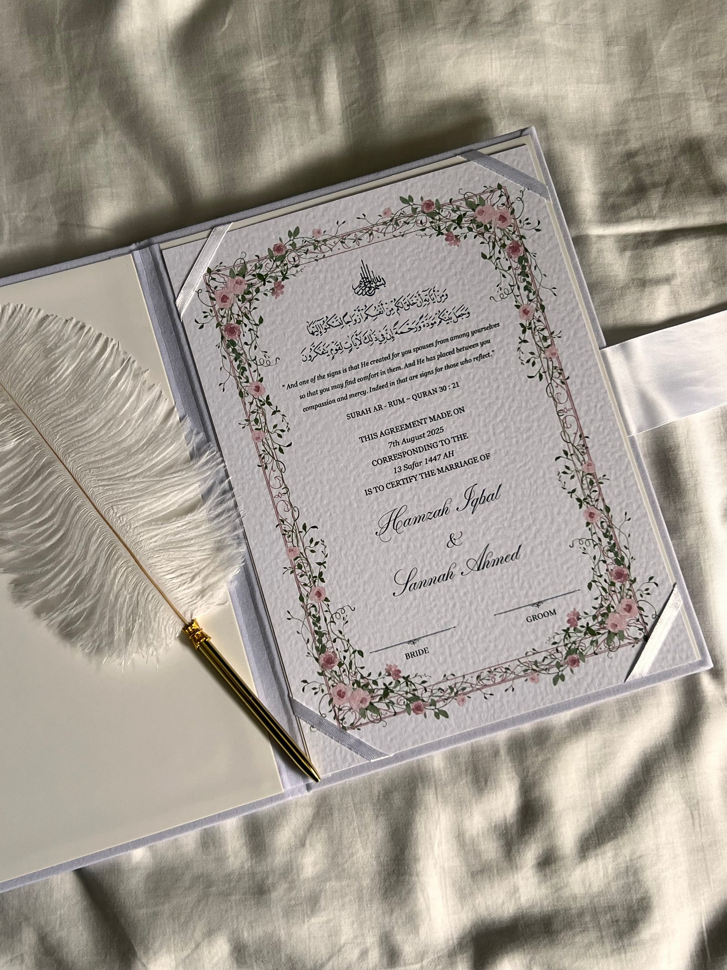 A4/A3 Nikkah Certificate ~ Certificate wedding folder ~ feather pen ~ nikkah booklet