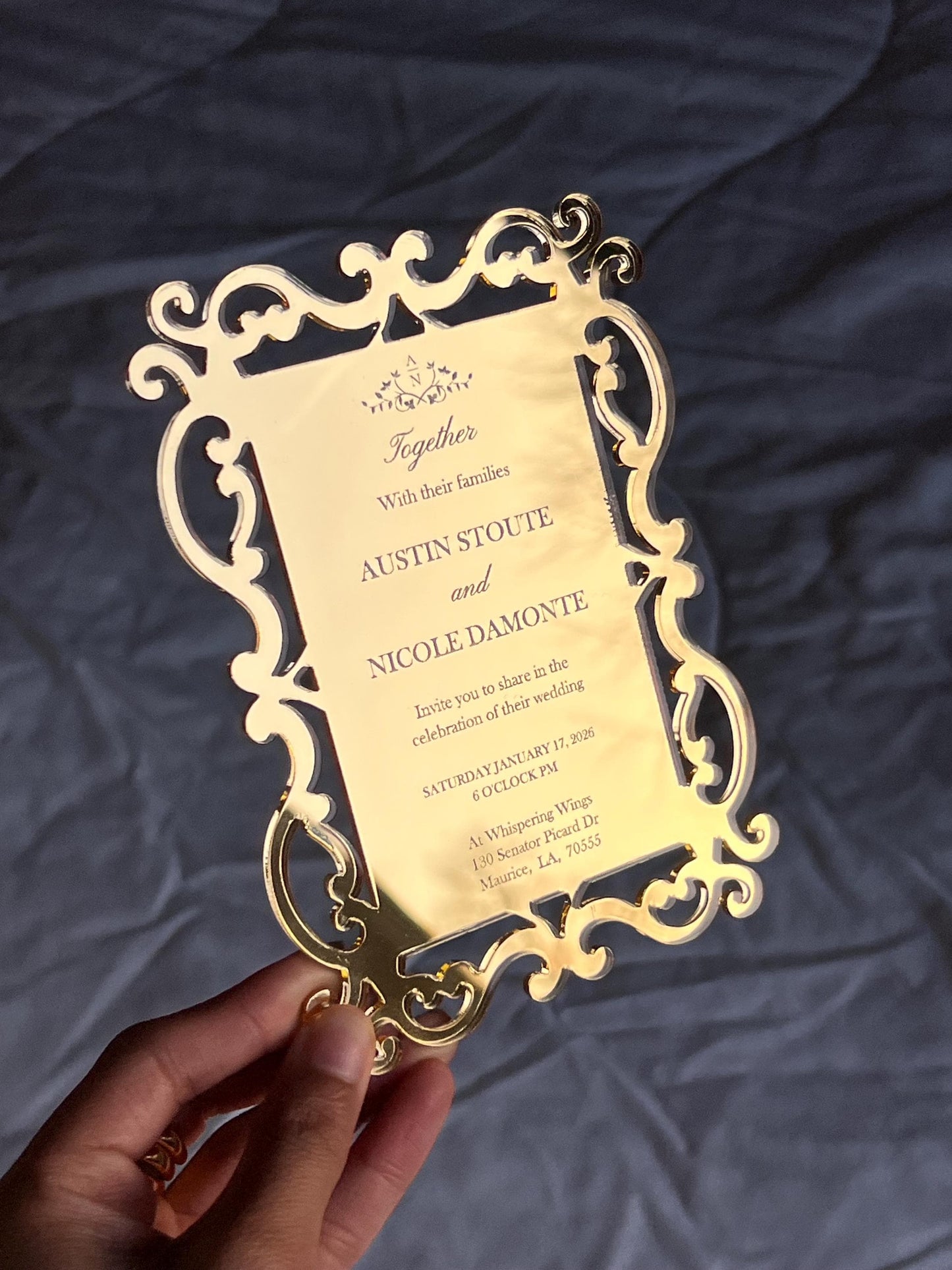 Luxury acrylic wedding invitation - plexiglass - engraved acrylic - gold mirror - monogram frame - birthday, anniversary, christening, nikah