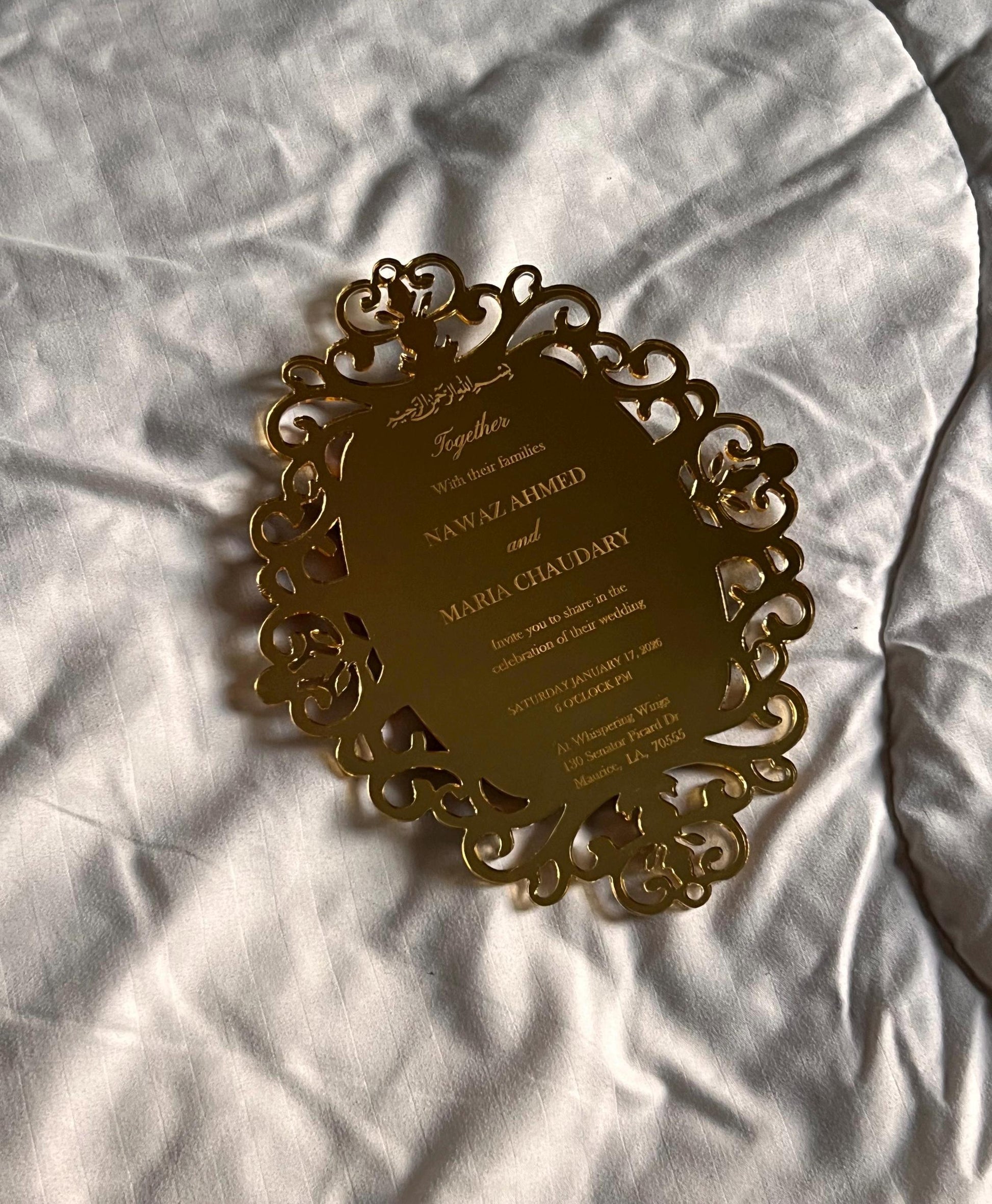 Luxury acrylic wedding invitation - plexiglass - engraved acrylic - gold mirror - monogram frame - birthday, anniversary, christening, nikah