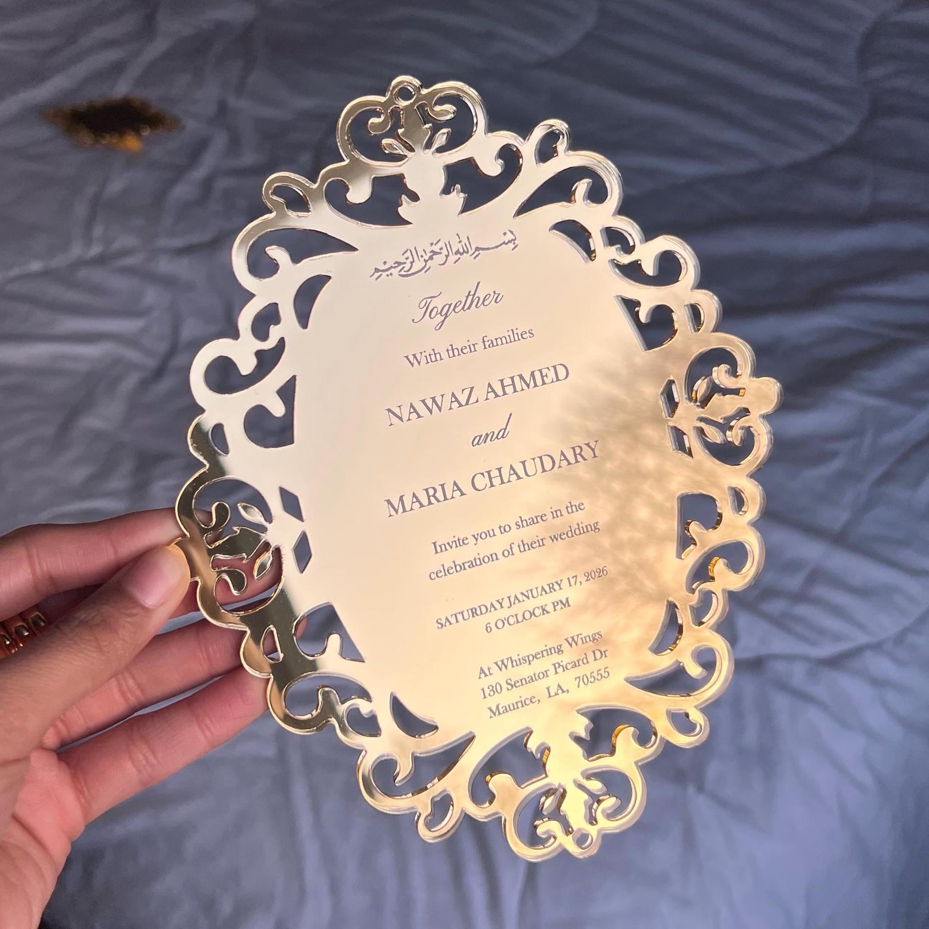 Luxury acrylic wedding invitation - plexiglass - engraved acrylic - gold mirror - monogram frame - birthday, anniversary, christening, nikah