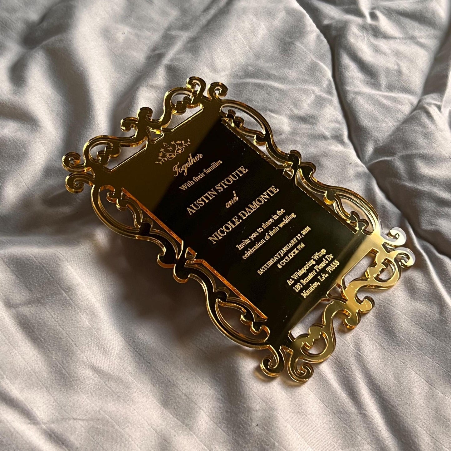 Luxury acrylic wedding invitation - plexiglass - engraved acrylic - gold mirror - monogram frame - birthday, anniversary, christening, nikah