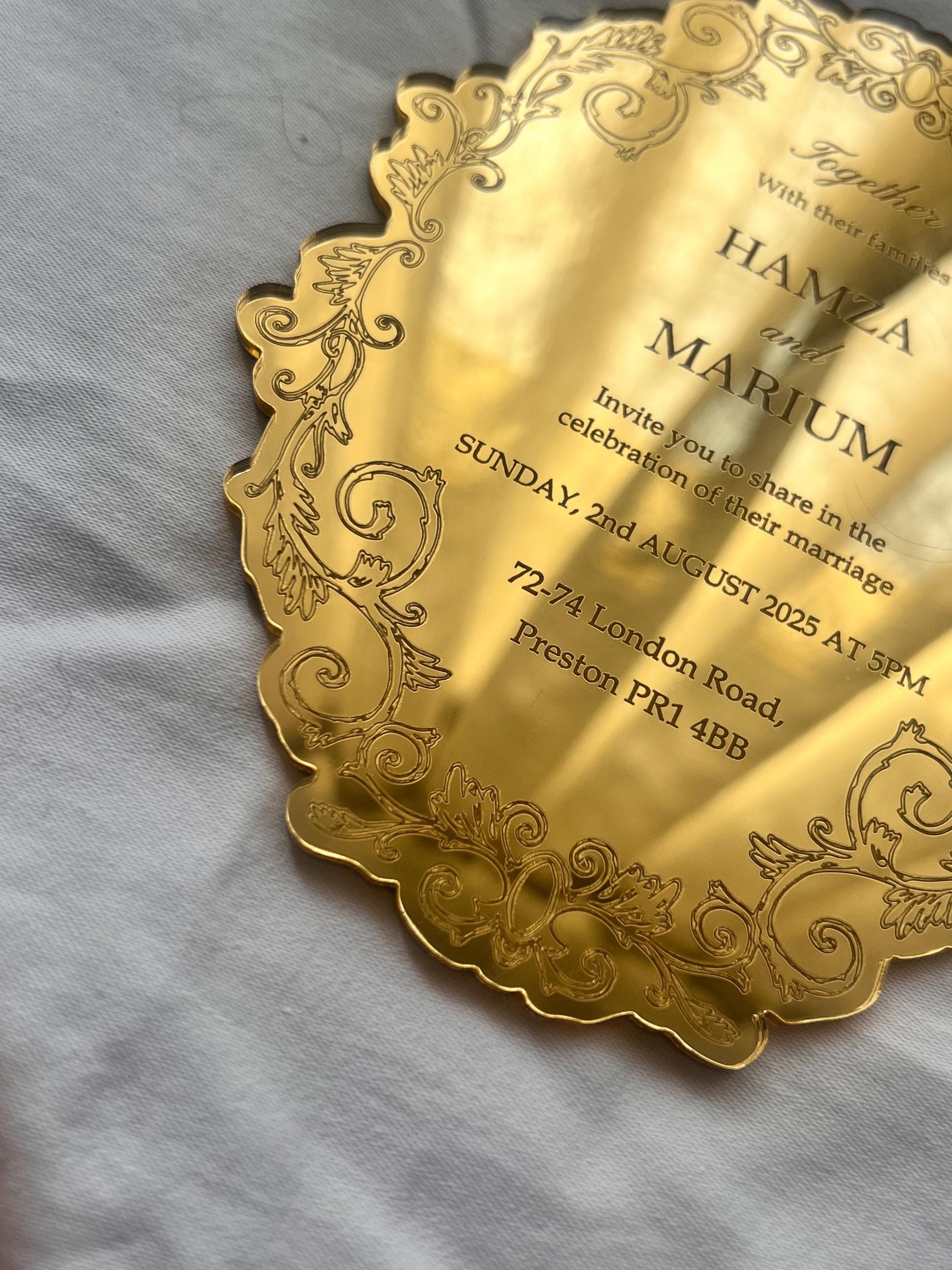 Luxury acrylic wedding invitation - plexiglass - engraved acrylic - gold mirror - monogram frame - birthday, anniversary, christening, nikah