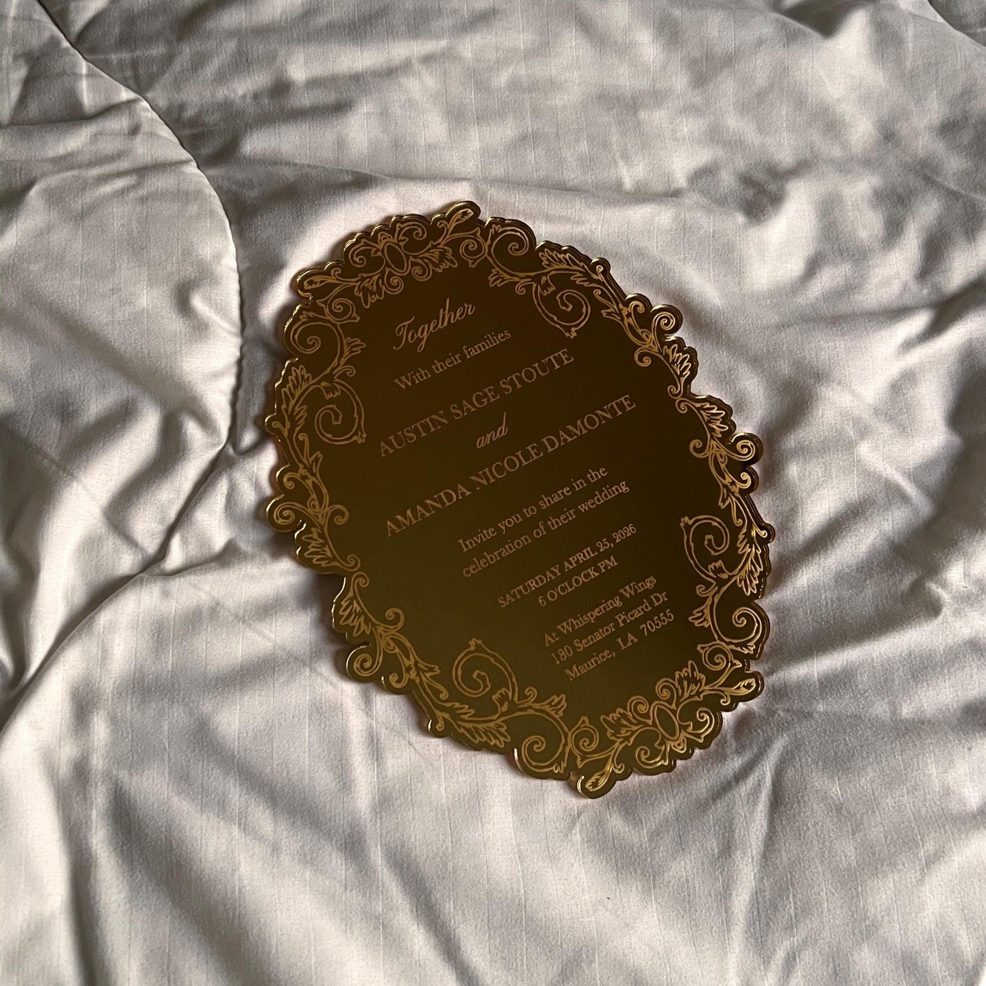 Luxury acrylic wedding invitation - plexiglass - engraved acrylic - gold mirror - monogram frame - birthday, anniversary, christening, nikah