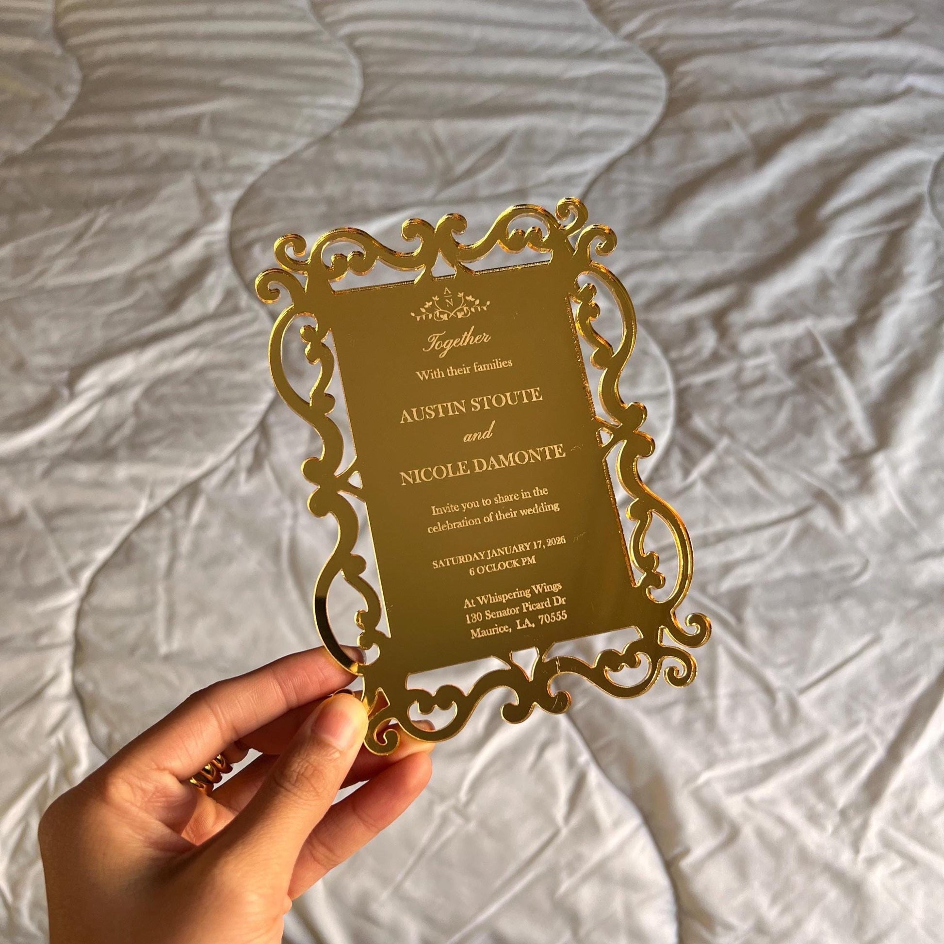 Luxury acrylic wedding invitation - plexiglass - engraved acrylic - gold mirror - monogram frame - birthday, anniversary, christening, nikah